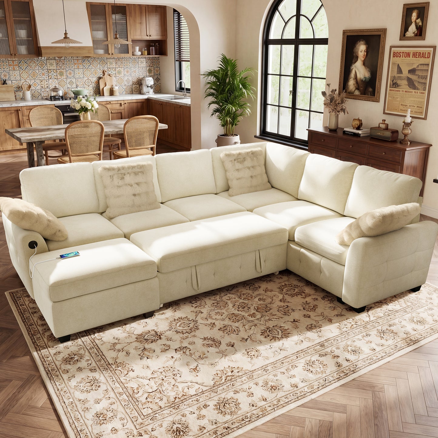BedLuxury Modular Sectional Sleeper Sofa with Pull Out Bed, USB Charging, Couch for Living Room, Chenille