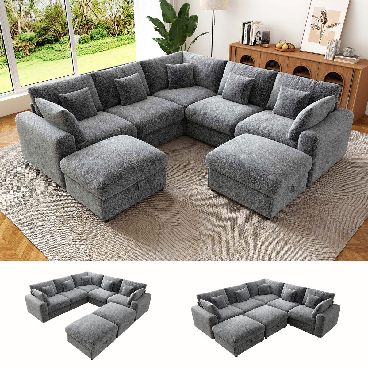 BedLuxury Large Modular Sectional Cloud Sofa with Removable Storage Ottoman, Extra Deep Seat Couch, Living Room Furniture