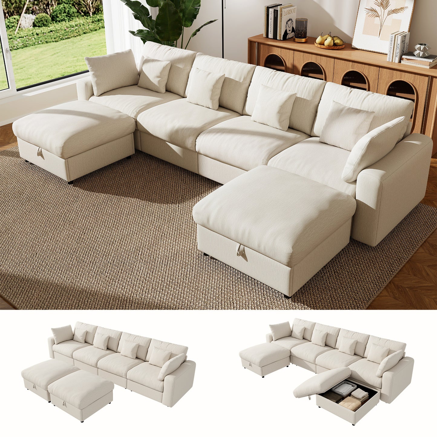 BedLuxury Large Modular Sectional Cloud Sofa with Removable Storage Ottoman, Extra Deep Seat Couch, Living Room Furniture