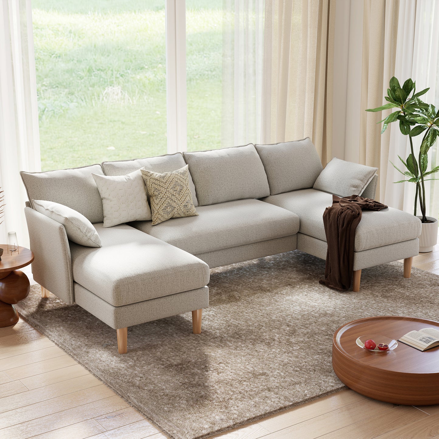 BedLuxury 100” U-Shape Sectional Sofa with Chaise, Chenille Modern Couch with High Wood Legs for Living Room, Apartment