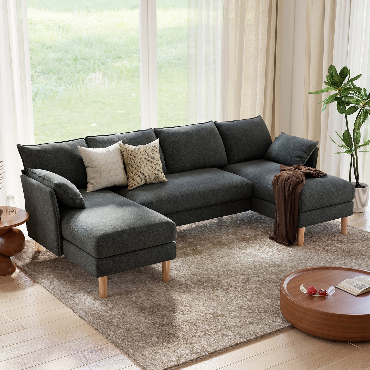 BedLuxury 100” U-Shape Sectional Sofa with Chaise, Chenille Modern Couch with High Wood Legs for Living Room, Apartment