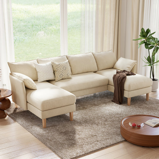 BedLuxury 100” U-Shape Sectional Sofa with Chaise, Chenille Modern Couch with High Wood Legs for Living Room, Apartment