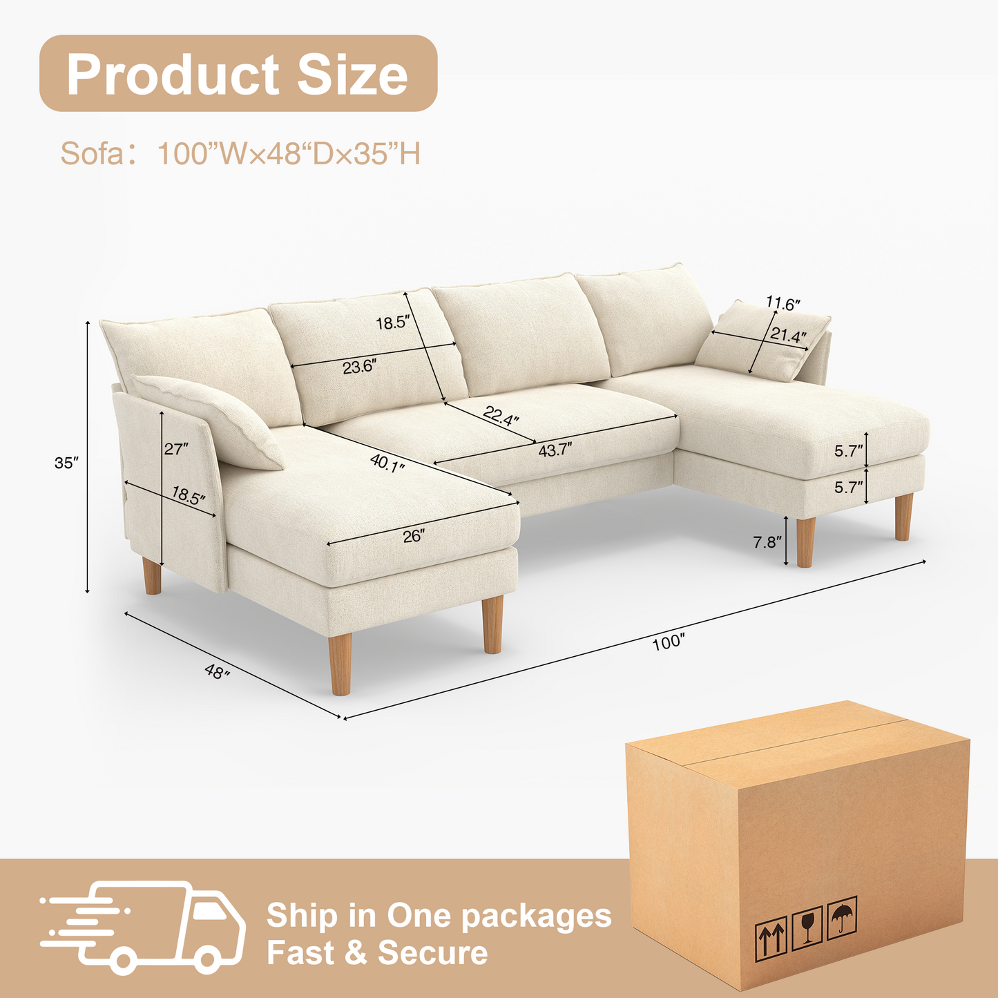 BedLuxury 100” U-Shape Sectional Sofa with Chaise, Chenille Modern Couch with High Wood Legs for Living Room, Apartment
