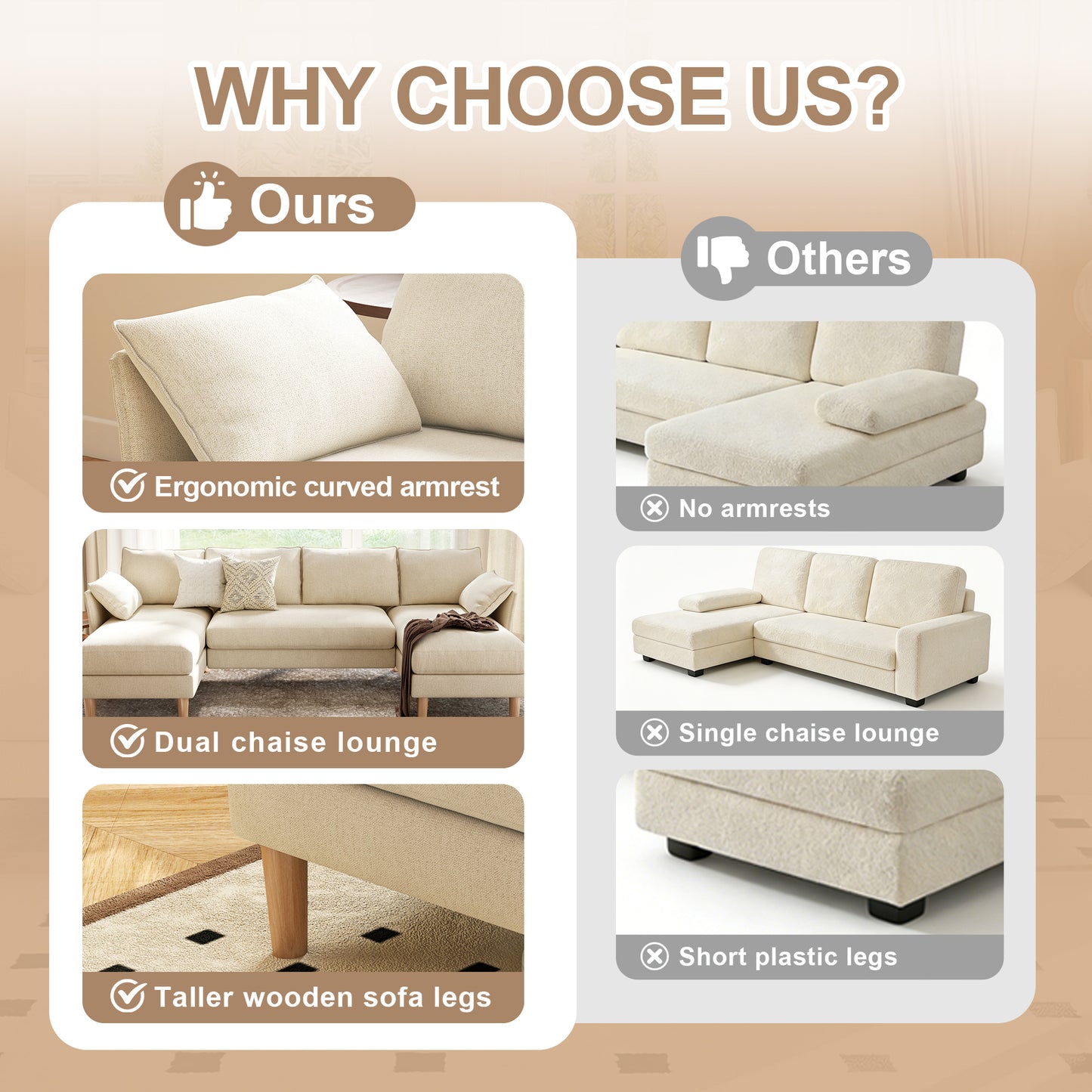 BedLuxury 100” U-Shape Sectional Sofa with Chaise, Chenille Modern Couch with High Wood Legs for Living Room, Apartment