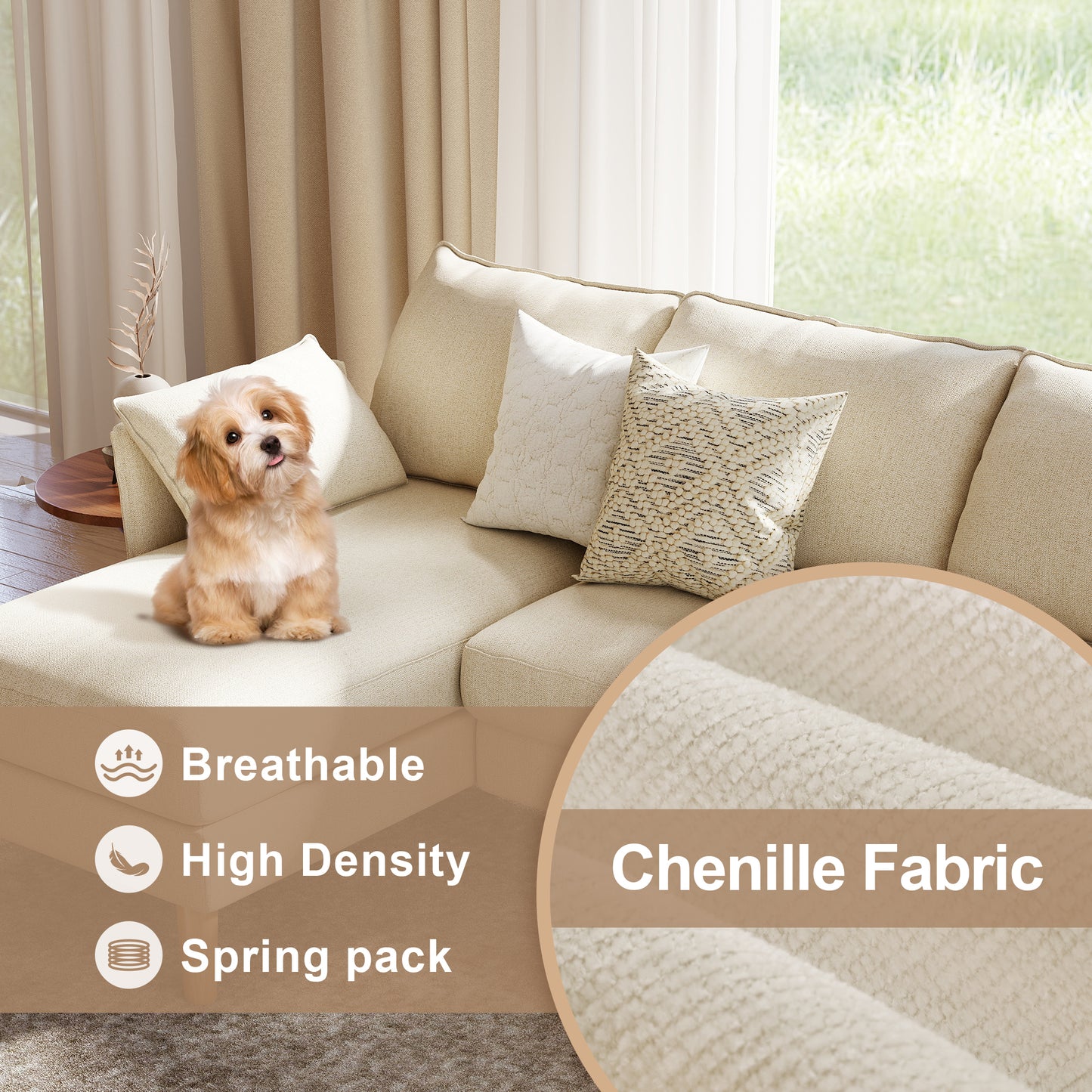 BedLuxury 100” U-Shape Sectional Sofa with Chaise, Chenille Modern Couch with High Wood Legs for Living Room, Apartment