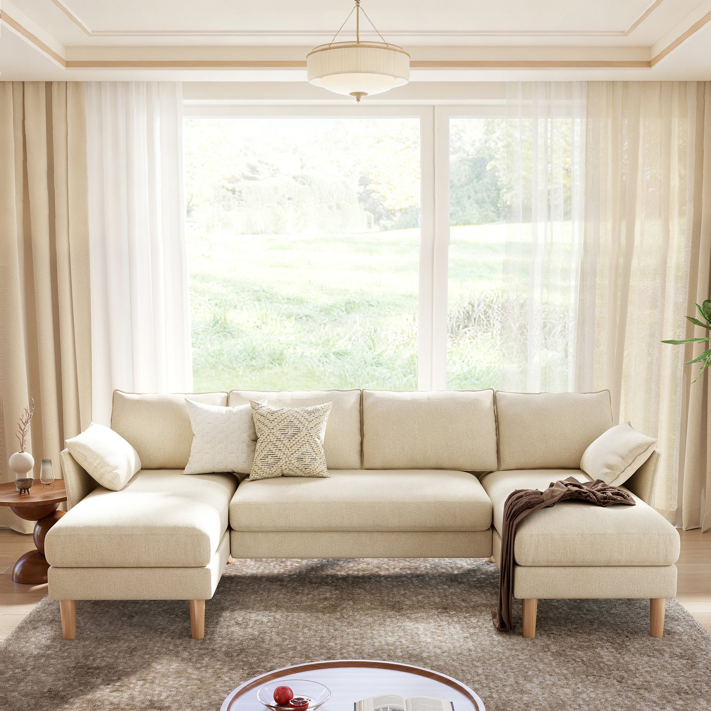 BedLuxury 100” U-Shape Sectional Sofa with Chaise, Chenille Modern Couch with High Wood Legs for Living Room, Apartment