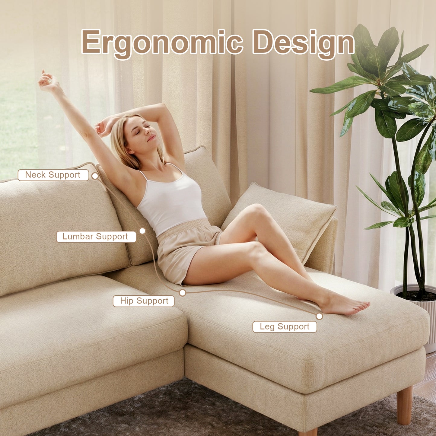 BedLuxury 100” U-Shape Sectional Sofa with Chaise, Chenille Modern Couch with High Wood Legs for Living Room, Apartment