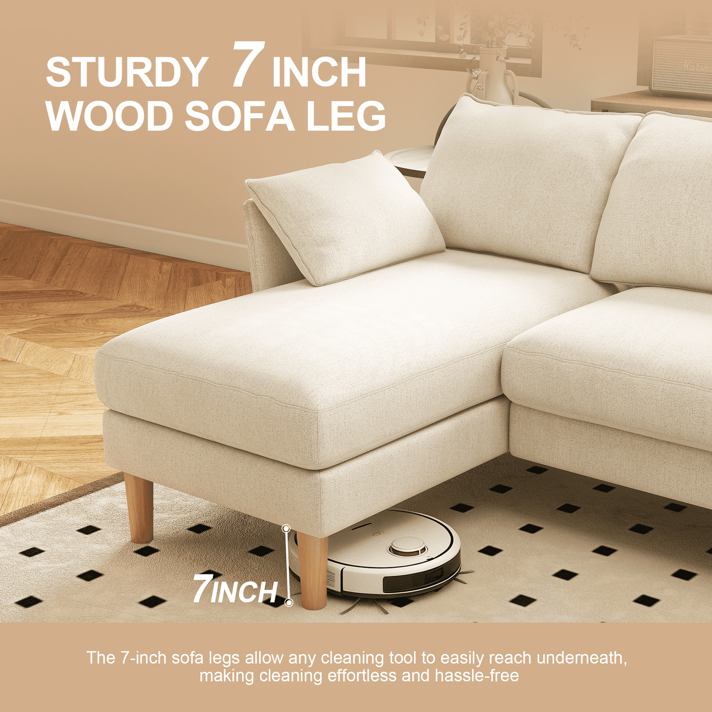 BedLuxury 100” U-Shape Sectional Sofa with Chaise, Chenille Modern Couch with High Wood Legs for Living Room, Apartment