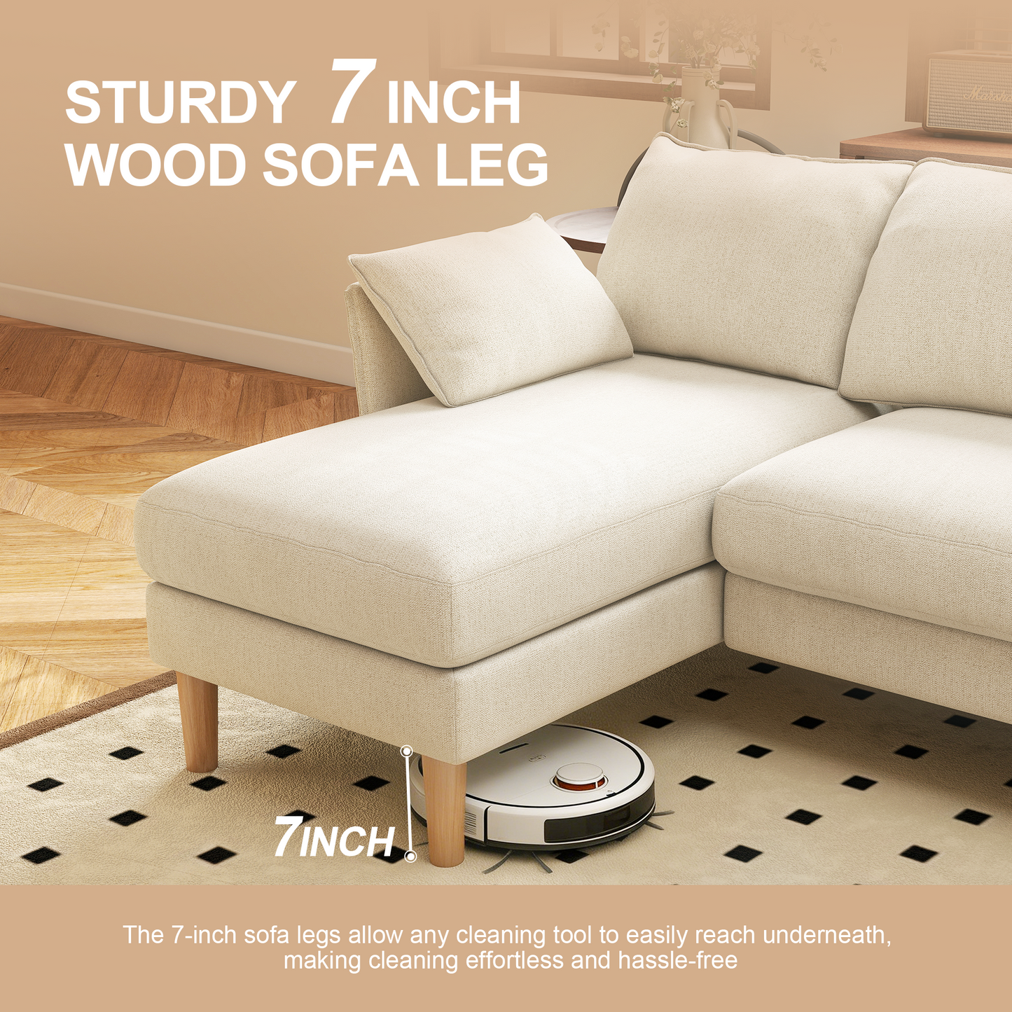 BedLuxury 100” U-Shape Sectional Sofa with Chaise, Chenille Modern Couch with High Wood Legs for Living Room, Apartment