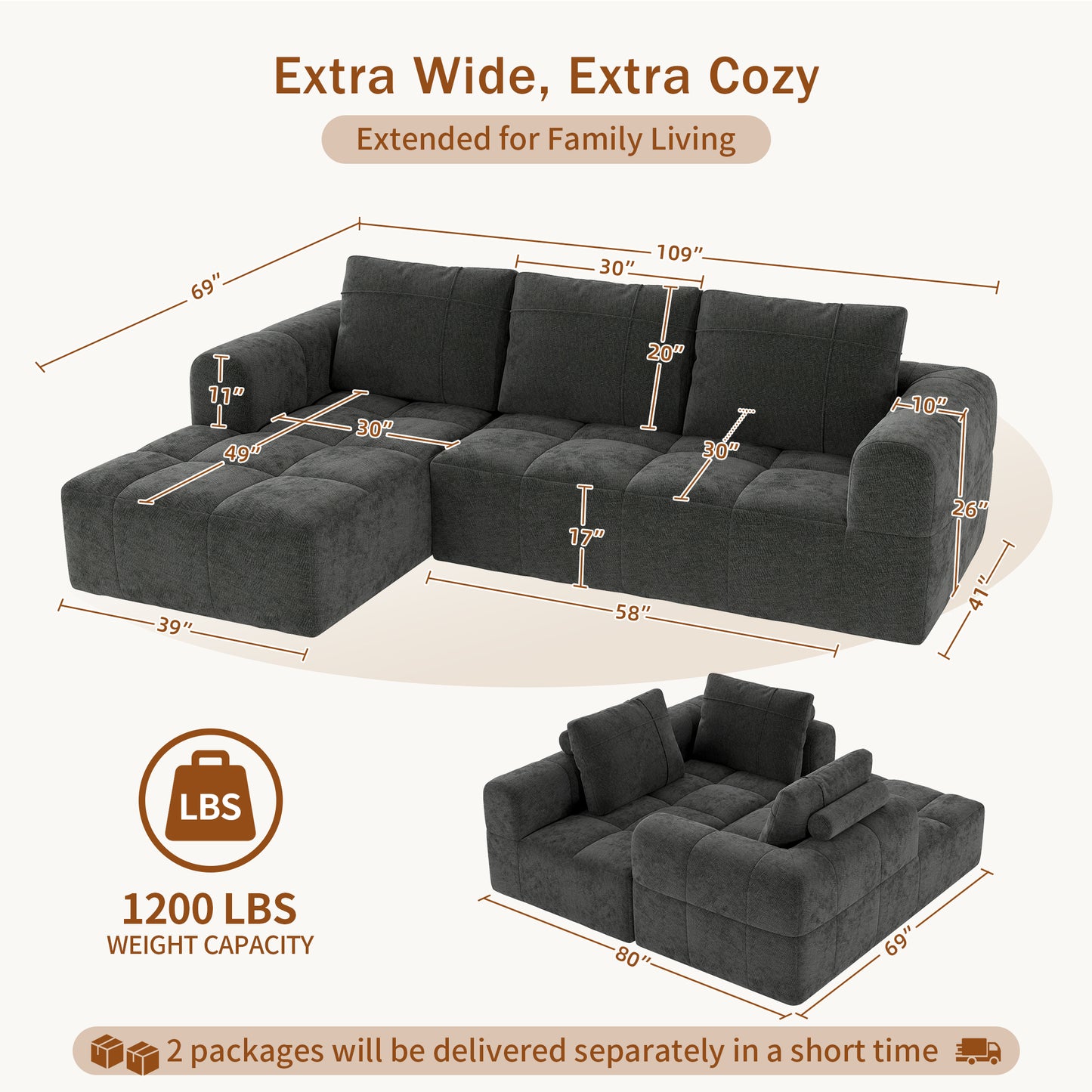 BedLuxury 109'' Modular Sectional Sofa,Sleeper Bed,L shaped Boneless Cloud Couch with Deep Seats for Living Room,No Assembly Required
