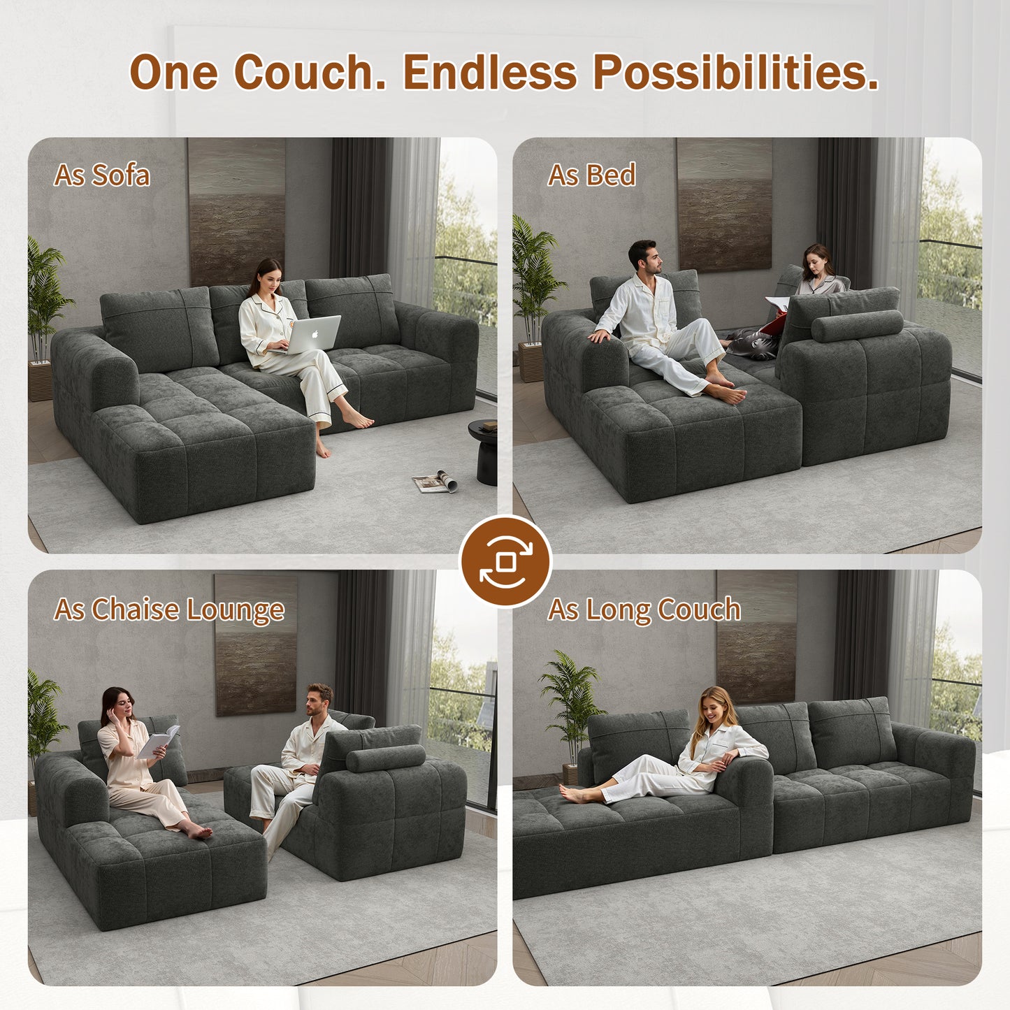 BedLuxury 109'' Modular Sectional Sofa,Sleeper Bed,L shaped Boneless Cloud Couch with Deep Seats for Living Room,No Assembly Required