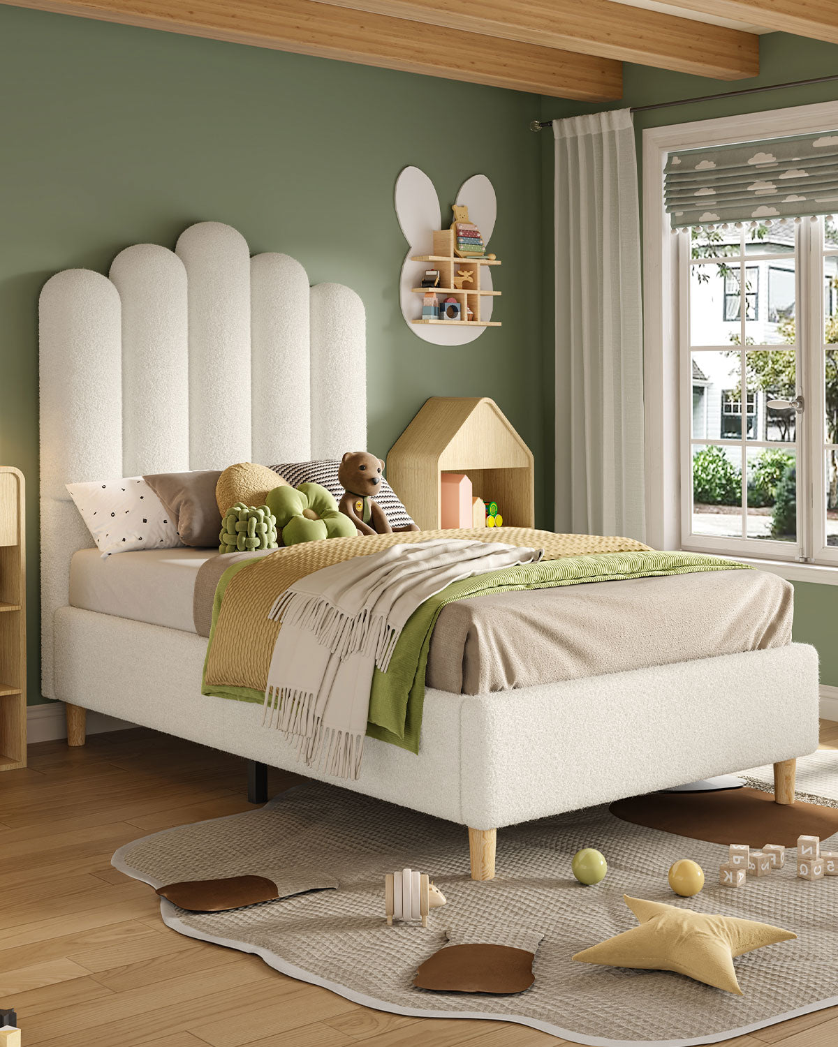 BedLuxury Platform Bed Frame with Extra Tall Upholstered Boucle Fabric Headboard, White