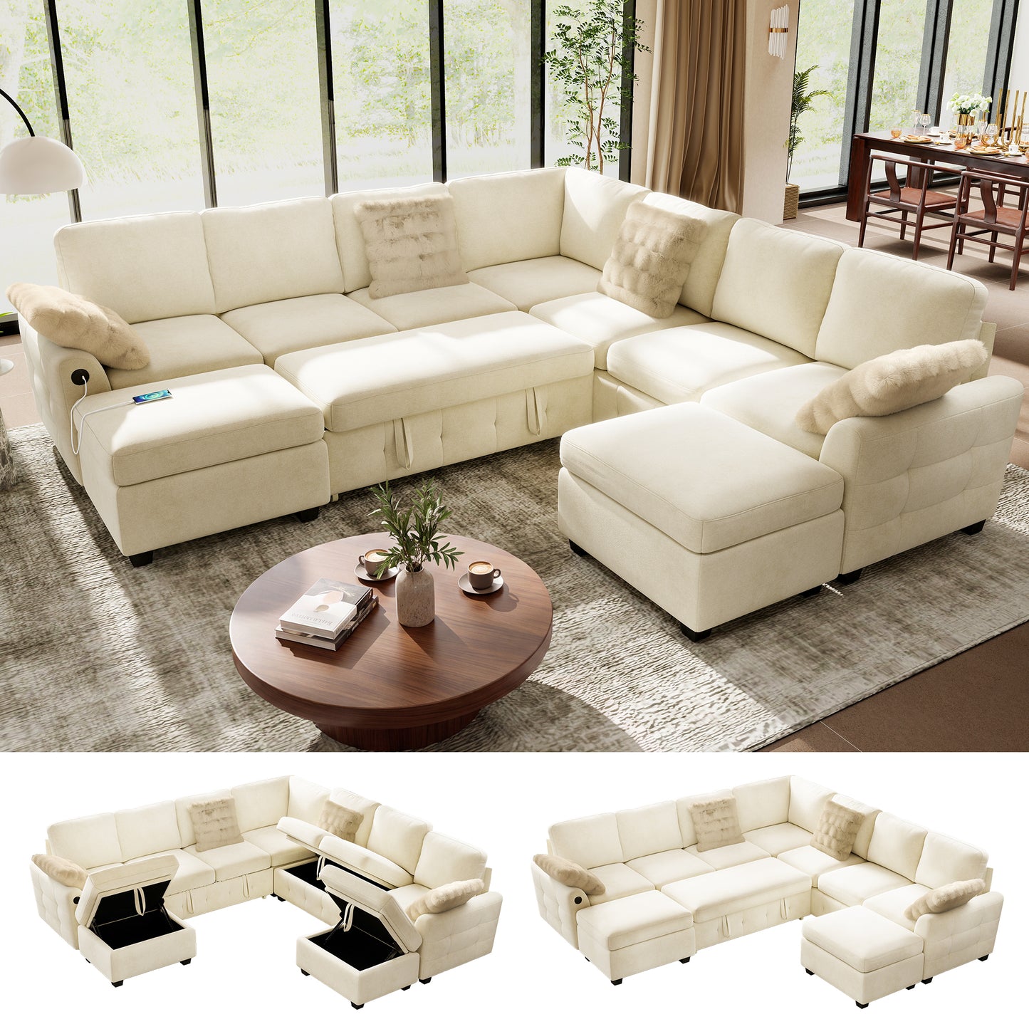 Sectional Sleeper Sofa with Pull Out Bed for Living Room