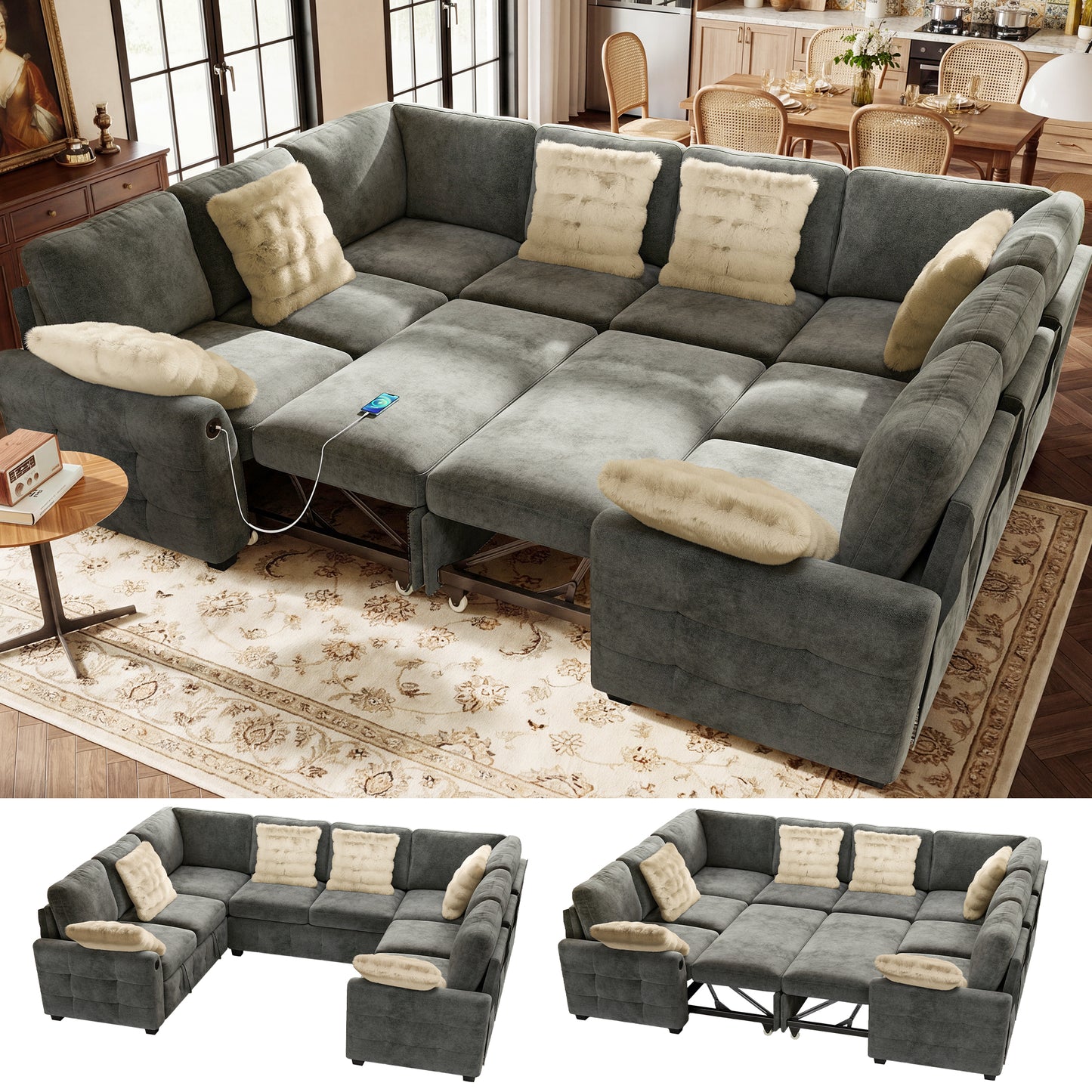 BedLuxury Modular Sectional Sleeper Sofa with Pull Out Bed, USB Charging, Couch for Living Room, Chenille