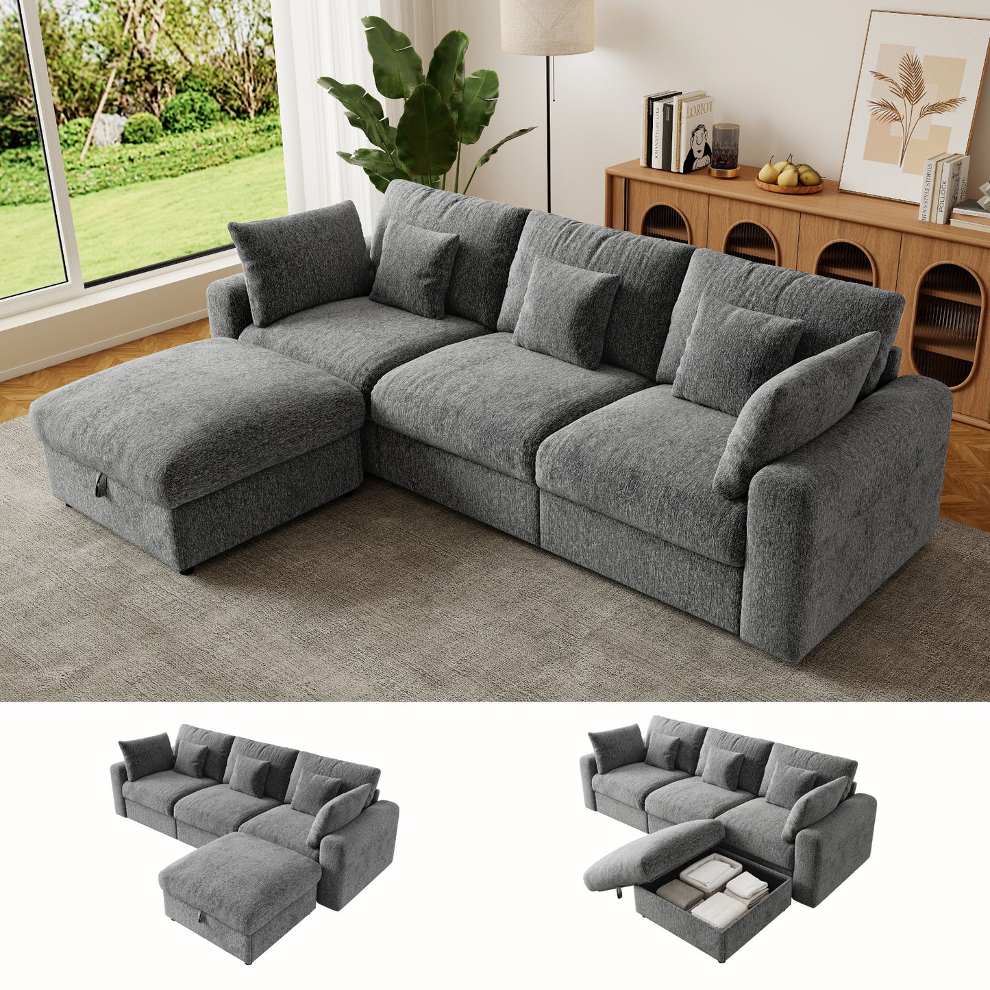 BedLuxury Large Modular Sectional Cloud Sofa with Removable Storage Ottoman, Extra Deep Seat Couch, Living Room Furniture