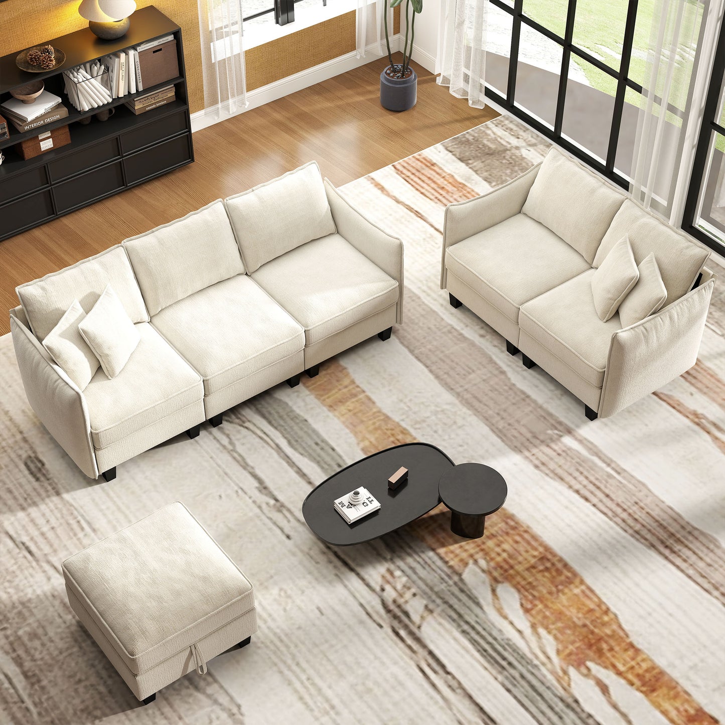 BedLuxury 84” Modular Sectional Sofa with Moveable Storage Ottoman, Cloud Couch Seats 4, Modern Living Room Furniture, Chenille Black