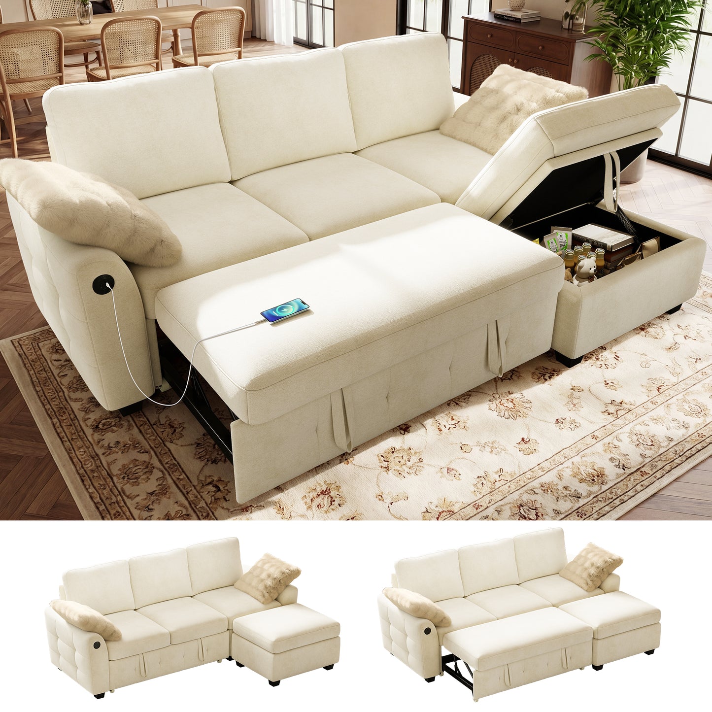 BedLuxury Modular Sectional Sleeper Sofa with Pull Out Bed, USB Charging, Couch for Living Room, Chenille