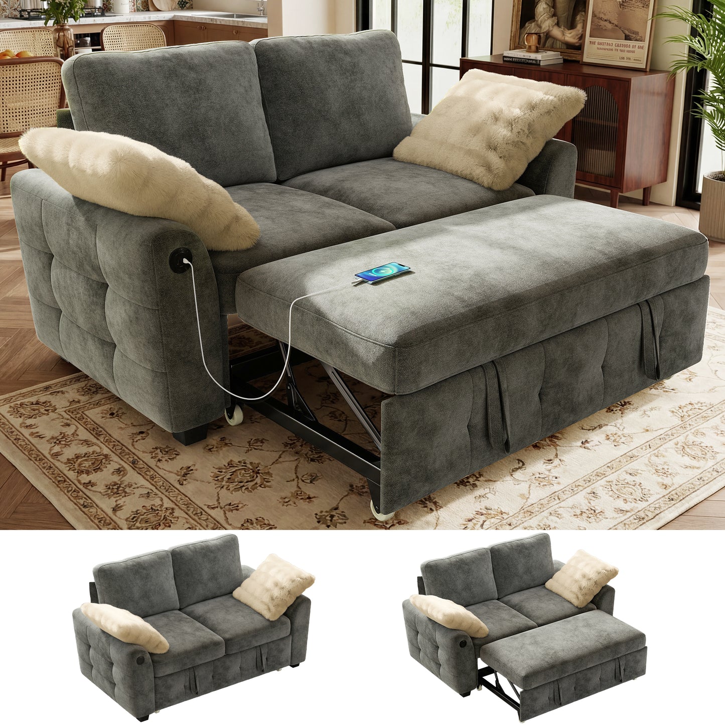 BedLuxury Modular Sectional Sleeper Sofa with Pull Out Bed, USB Charging, Couch for Living Room, Chenille