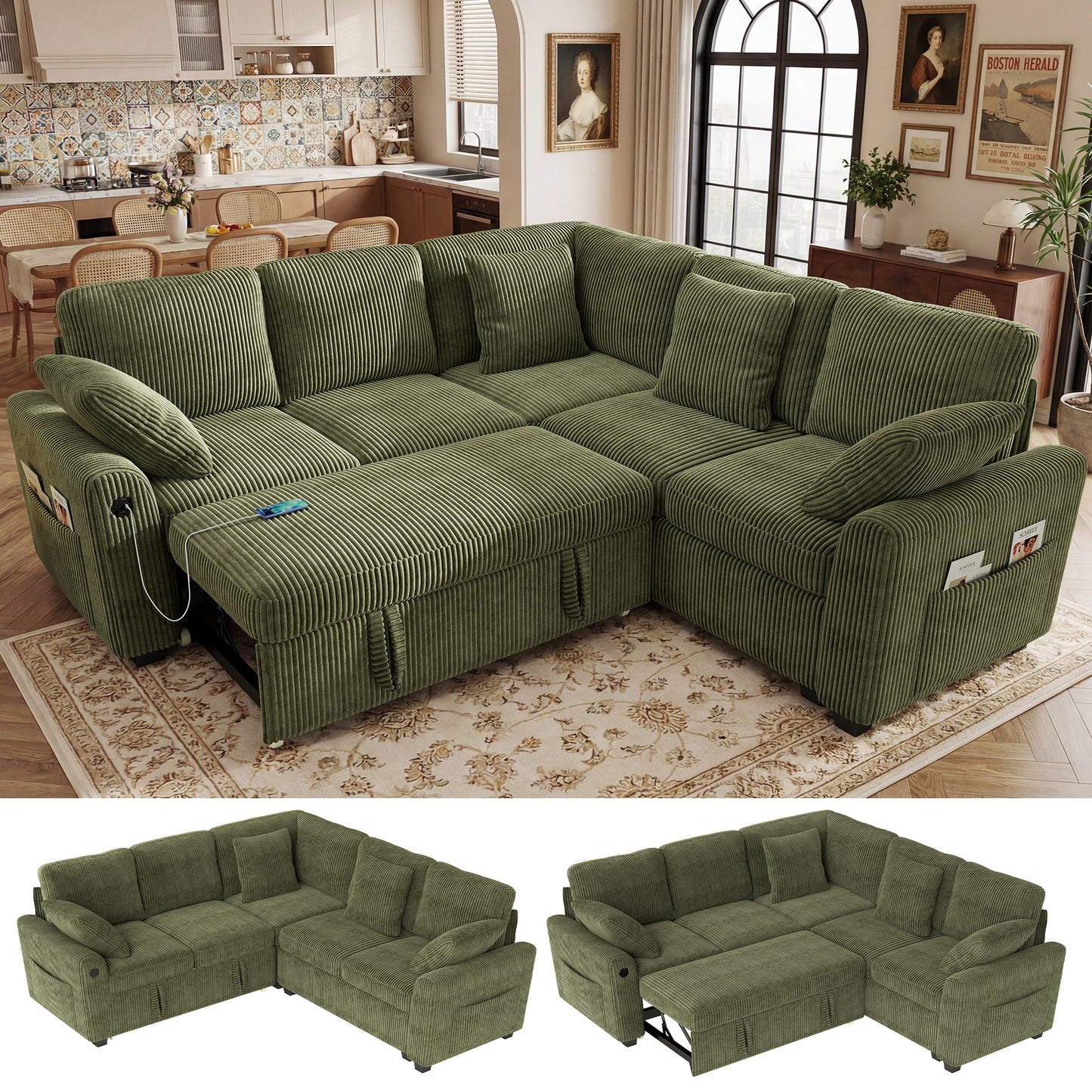BedLuxury Modular Sectional Sleeper Sofa with Pull Out Bed, USB Charging, Couch for Living Room, Chenille