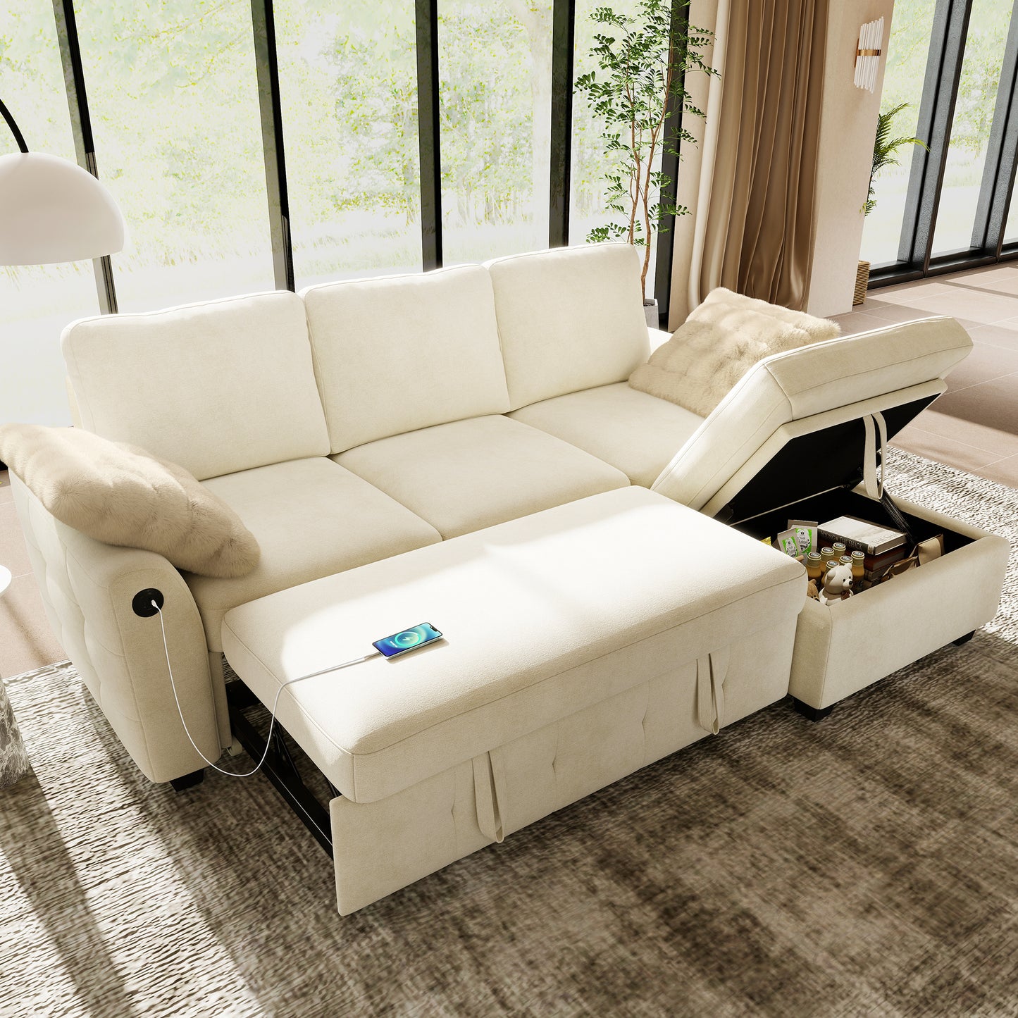 Sectional Sleeper Sofa with Pull Out Bed for Living Room