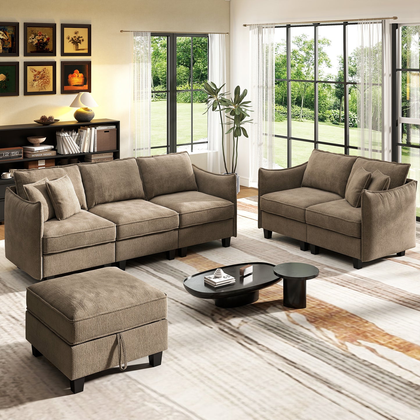 BedLuxury 84” Modular Sectional Sofa with Moveable Storage Ottoman, Cloud Couch Seats 4, Modern Living Room Furniture, Chenille Black