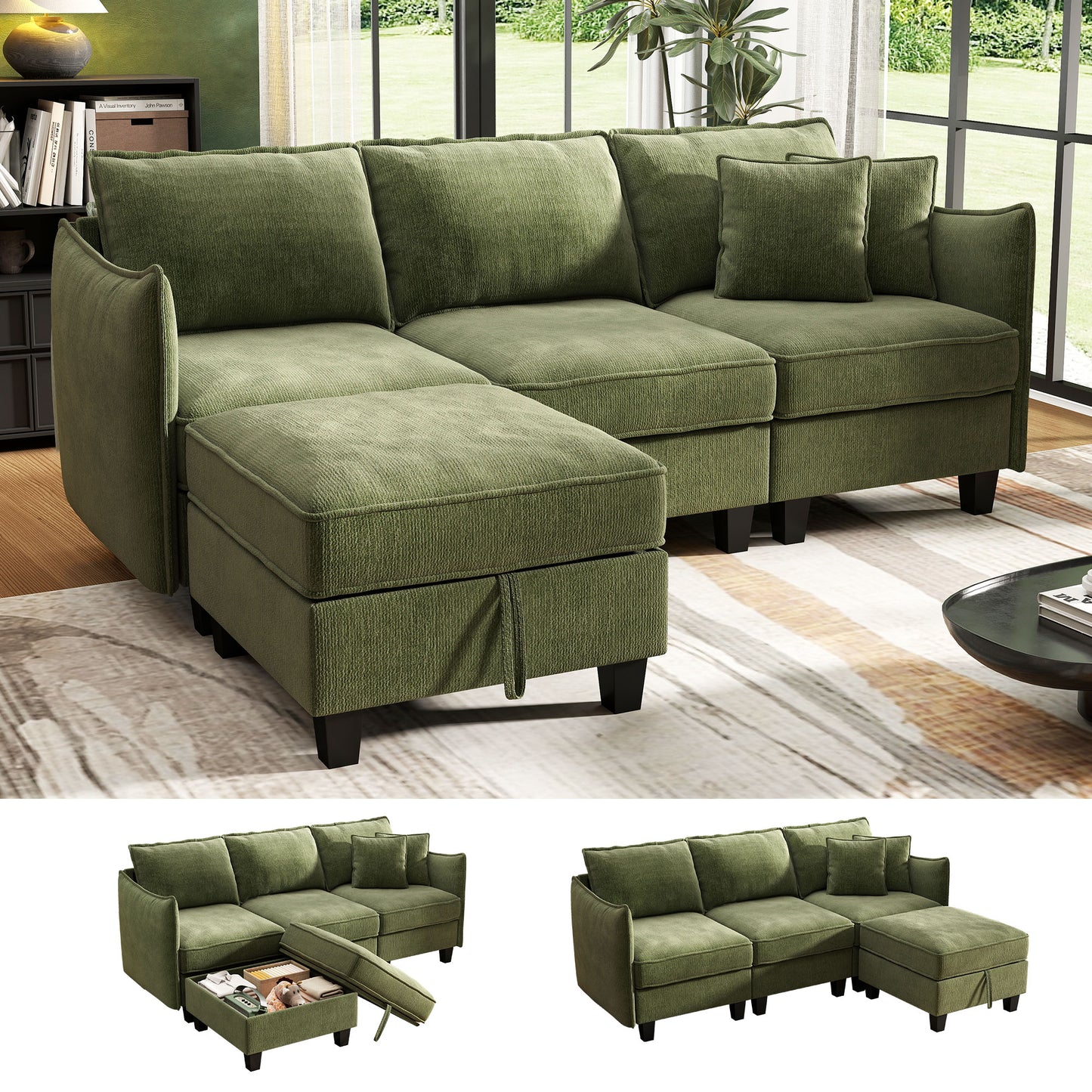 BedLuxury 84” Modular Sectional Sofa with Moveable Storage Ottoman, Cloud Couch Seats 4, Modern Living Room Furniture, Chenille Black
