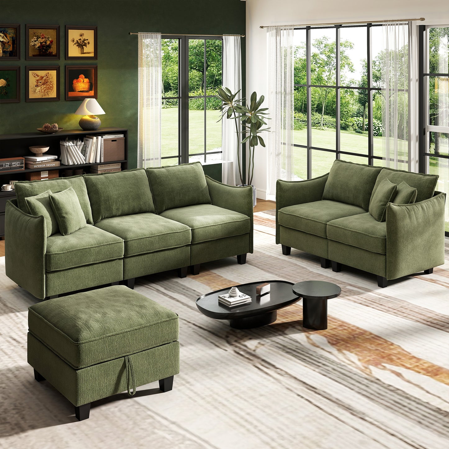 BedLuxury 84” Modular Sectional Sofa with Moveable Storage Ottoman, Cloud Couch Seats 4, Modern Living Room Furniture, Chenille Black