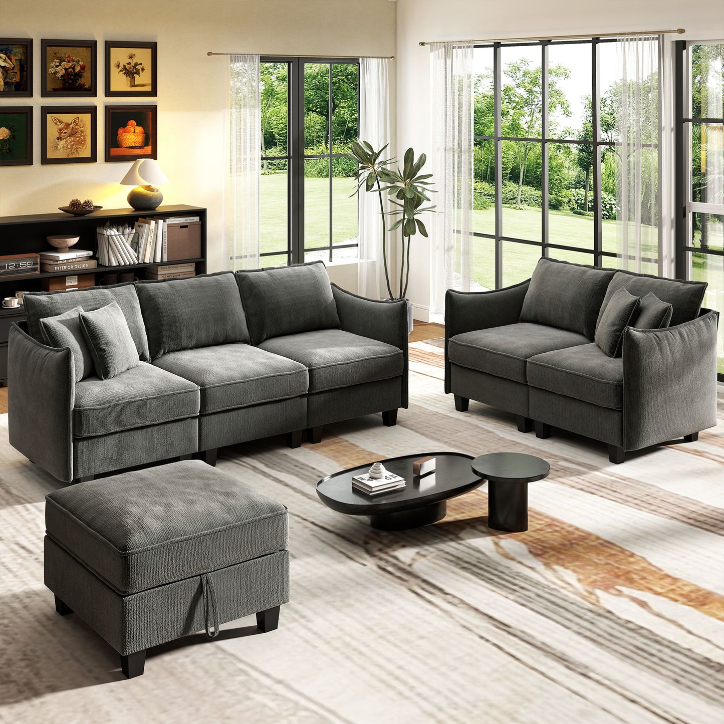 BedLuxury 84” Modular Sectional Sofa with Moveable Storage Ottoman, Cloud Couch Seats 4, Modern Living Room Furniture, Chenille Black