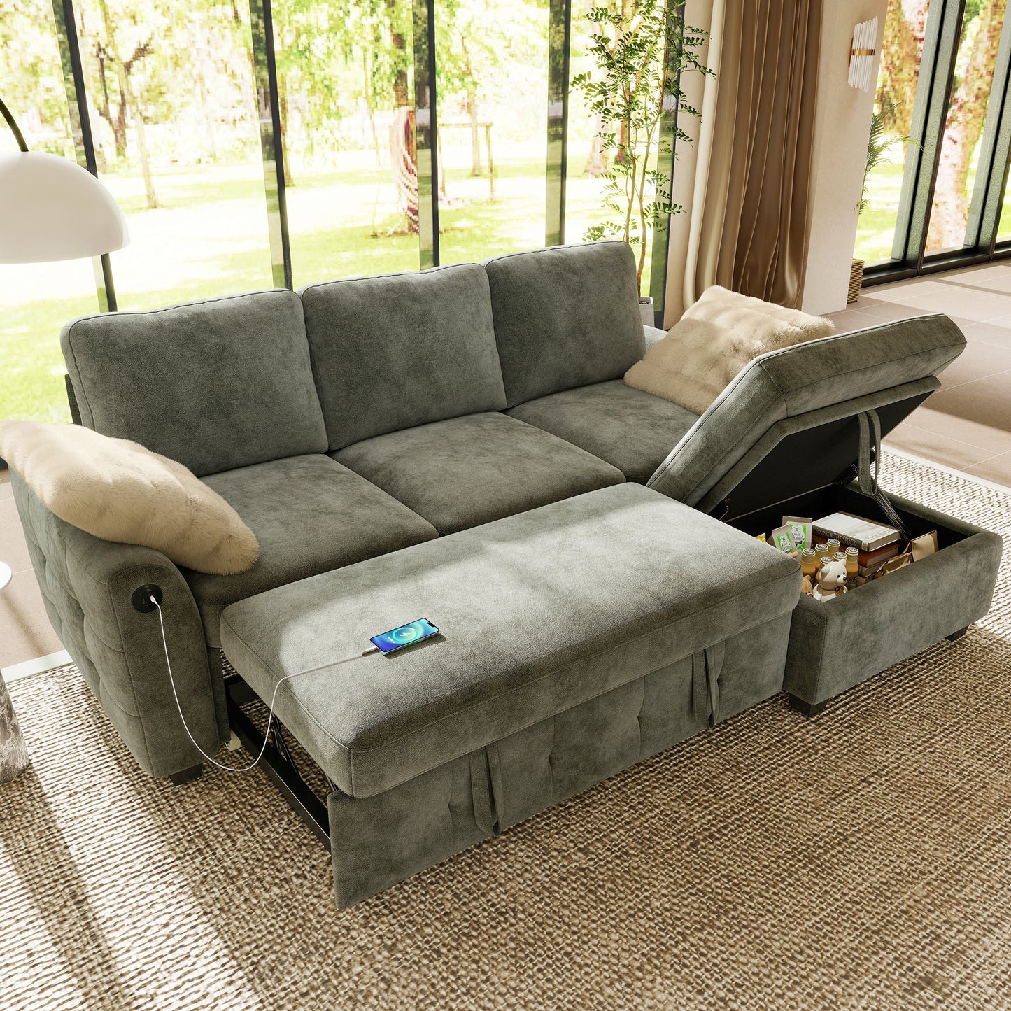 Sectional Sleeper Sofa with Pull Out Bed for Living Room