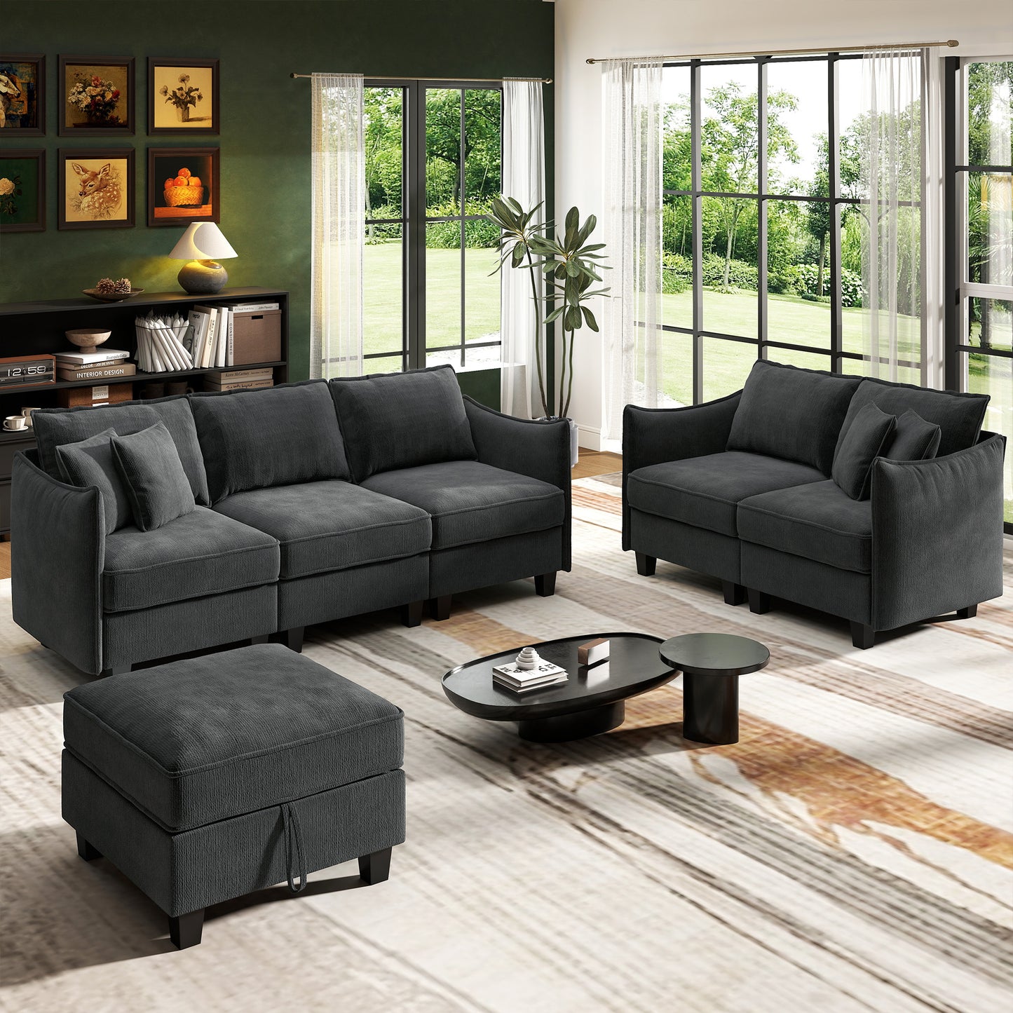 BedLuxury 84” Modular Sectional Sofa with Moveable Storage Ottoman, Cloud Couch Seats 4, Modern Living Room Furniture, Chenille Black