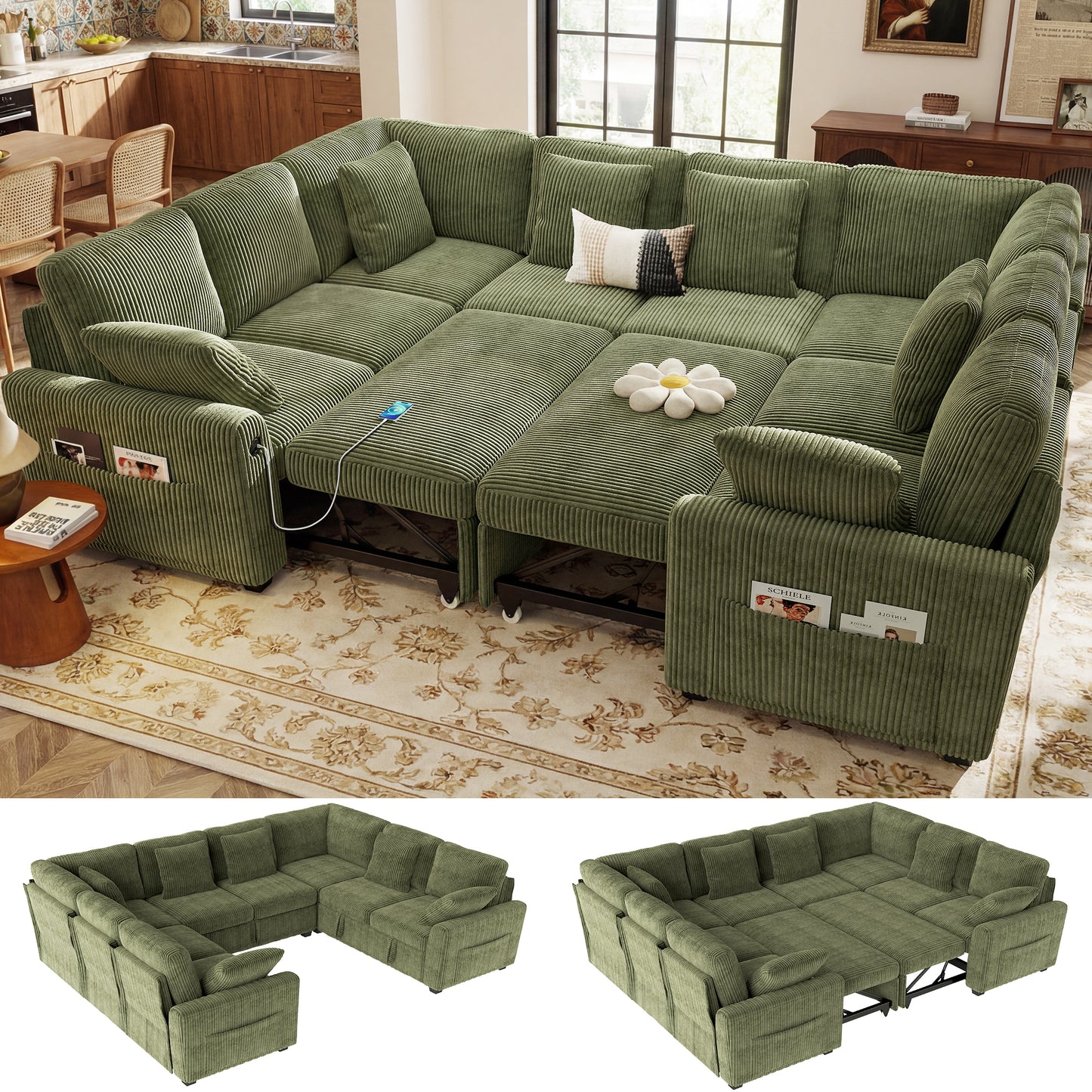 BedLuxury Modular Sectional Sleeper Sofa with Pull Out Bed, USB Charging, Couch for Living Room, Chenille