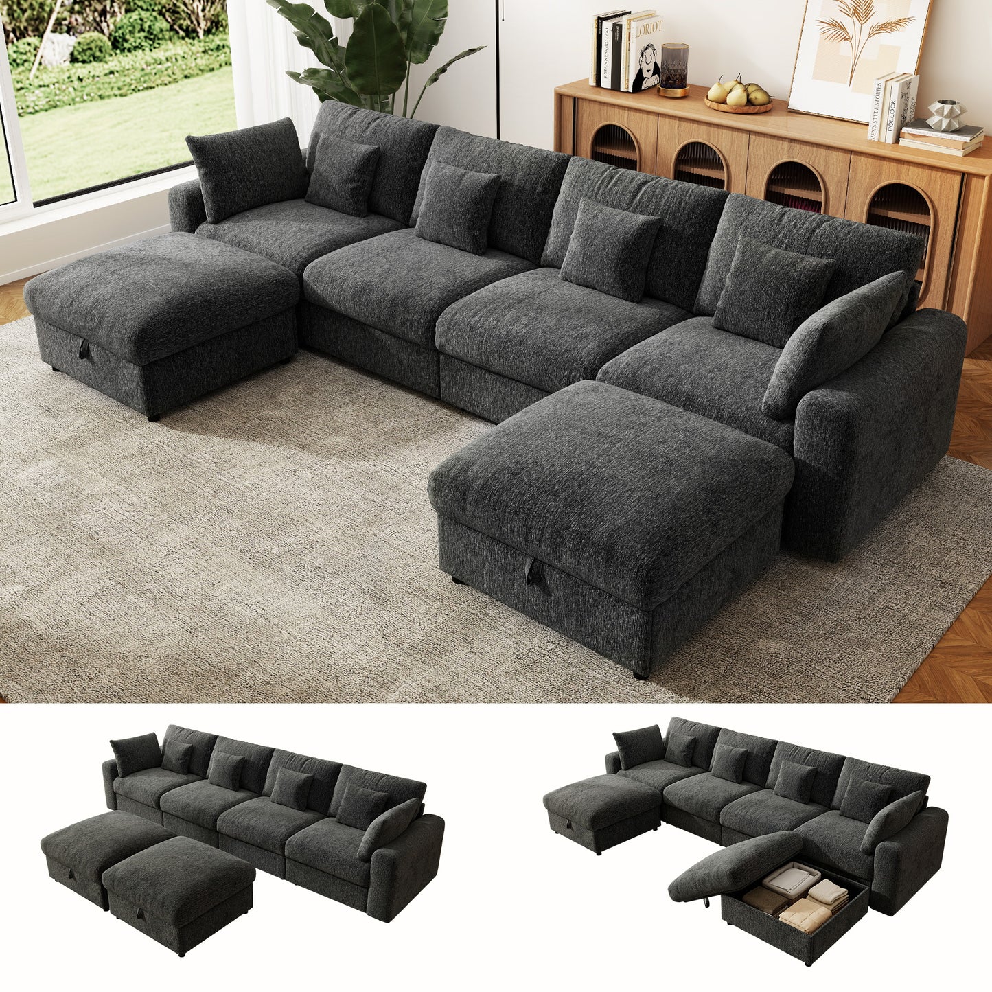 BedLuxury Large Modular Sectional Cloud Sofa with Removable Storage Ottoman, Extra Deep Seat Couch, Living Room Furniture