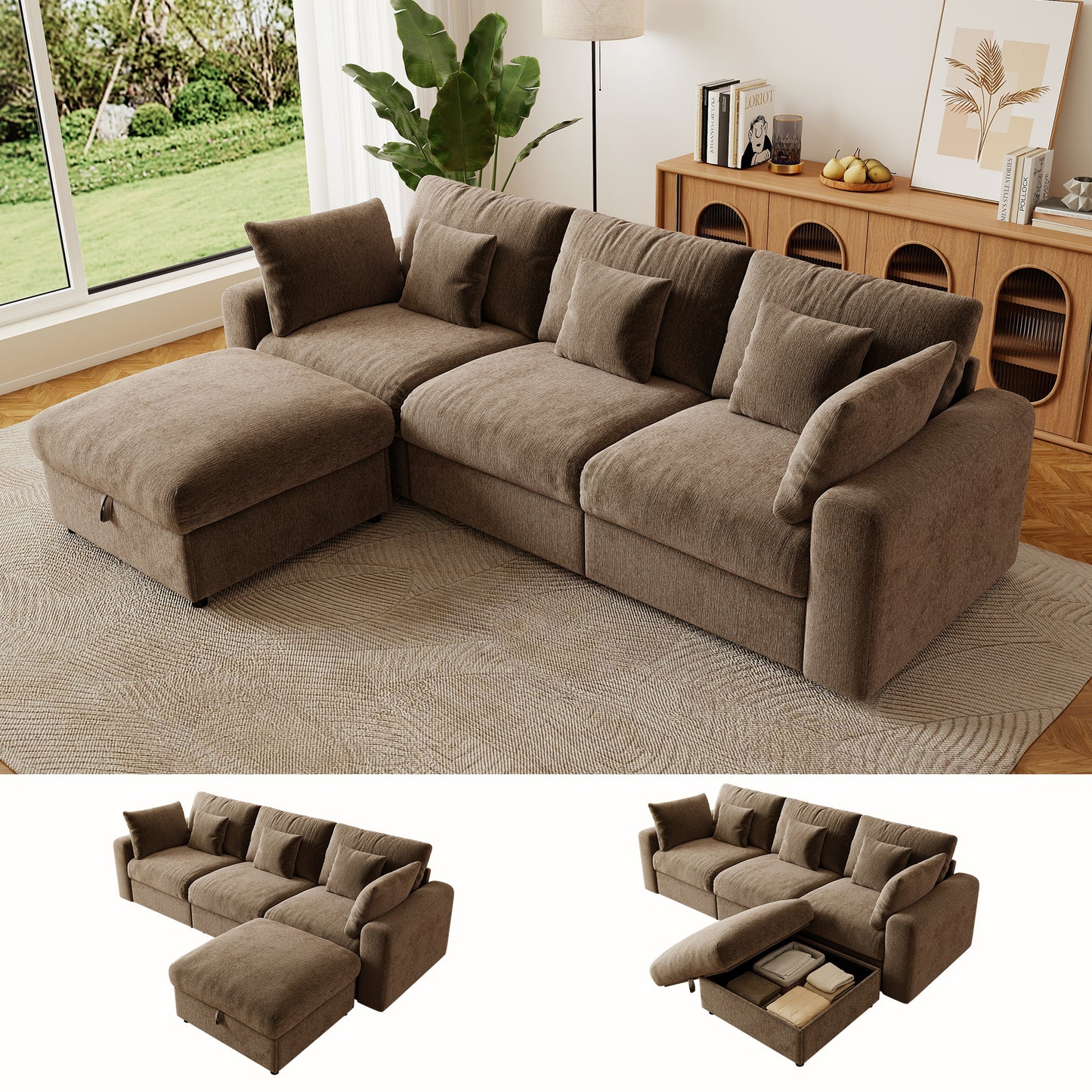 BedLuxury Large Modular Sectional Cloud Sofa with Removable Storage Ottoman, Extra Deep Seat Couch, Living Room Furniture