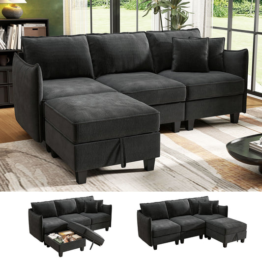 BedLuxury 84” Modular Sectional Sofa with Moveable Storage Ottoman, Cloud Couch Seats 4, Modern Living Room Furniture, Chenille Black