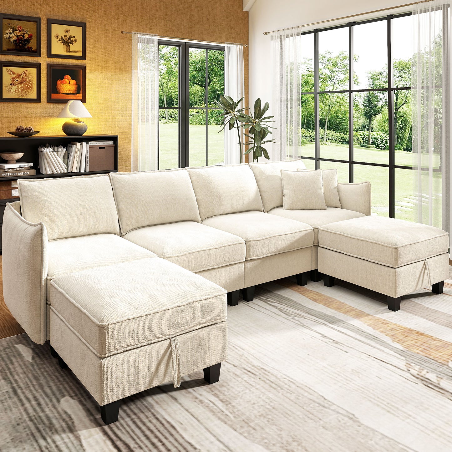 BedLuxury 84” Modular Sectional Sofa with Moveable Storage Ottoman, Cloud Couch Seats 4, Modern Living Room Furniture, Chenille Black