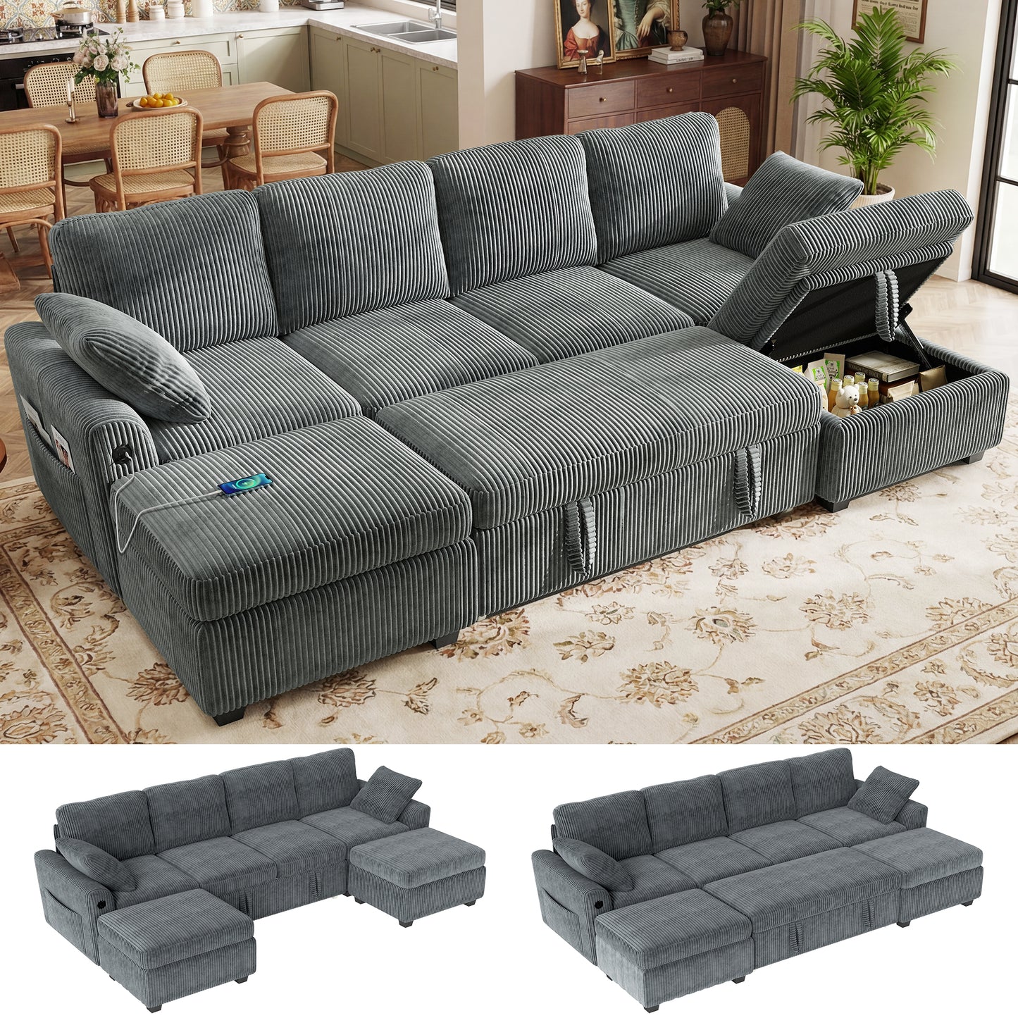 BedLuxury Modular Sectional Sleeper Sofa with Pull Out Bed, USB Charging, Couch for Living Room, Chenille