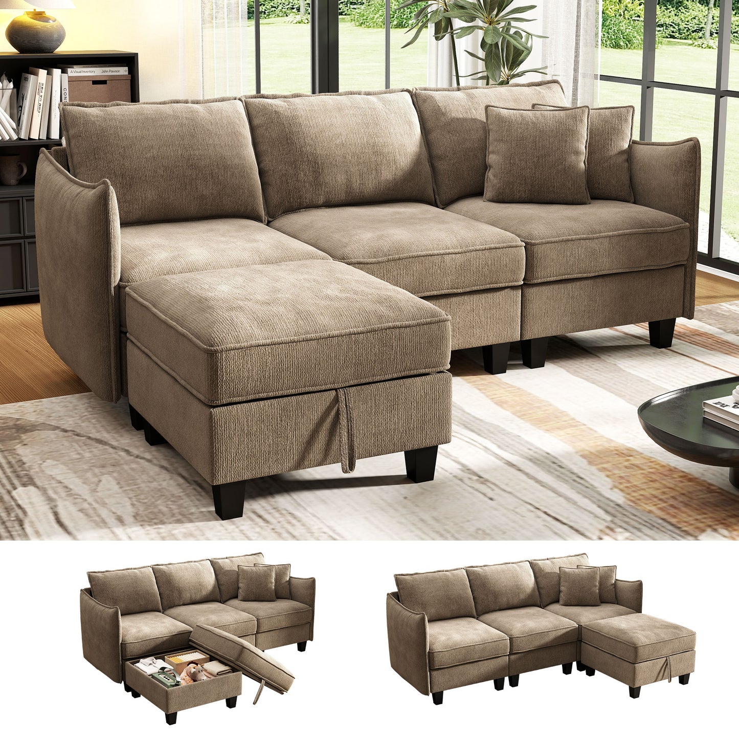 BedLuxury 84” Modular Sectional Sofa with Moveable Storage Ottoman, Cloud Couch Seats 4, Modern Living Room Furniture, Chenille Black