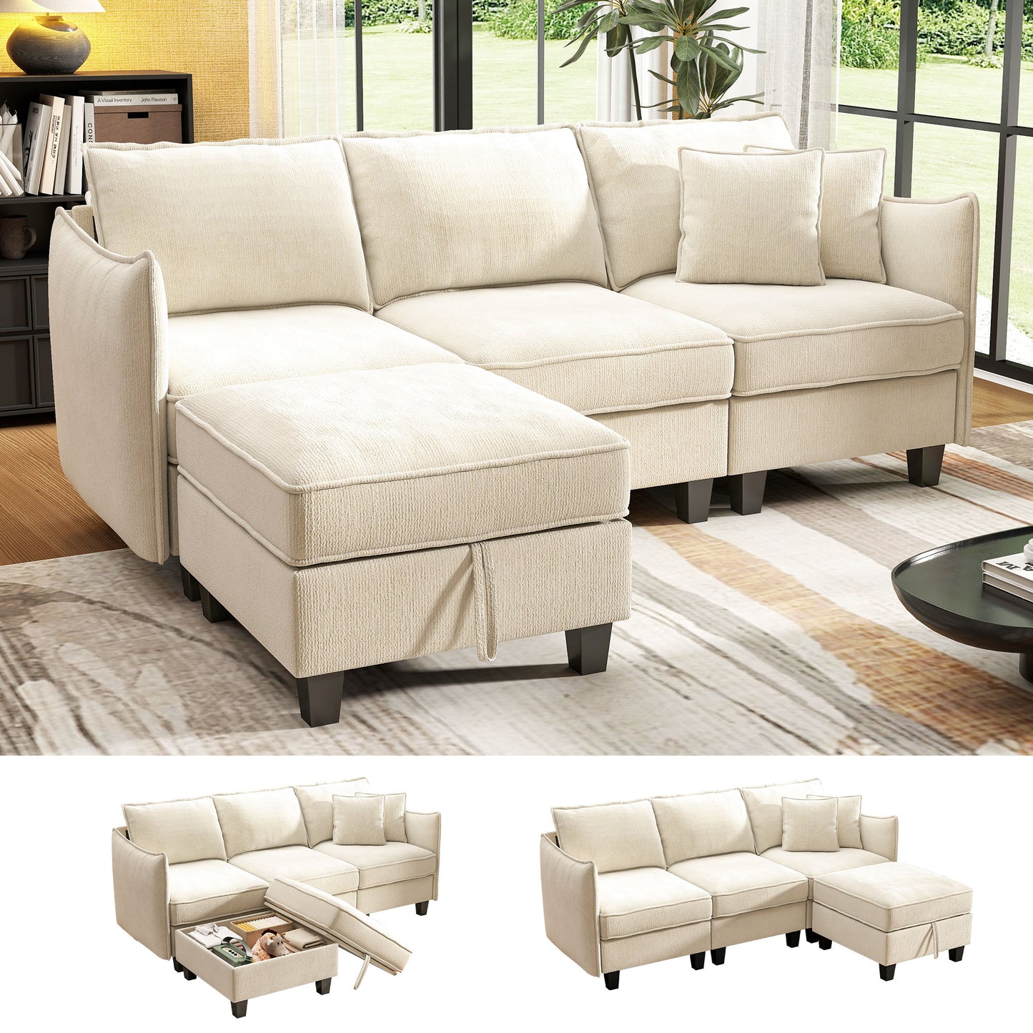 BedLuxury 84” Modular Sectional Sofa with Moveable Storage Ottoman, Cloud Couch Seats 4, Modern Living Room Furniture, Chenille Black