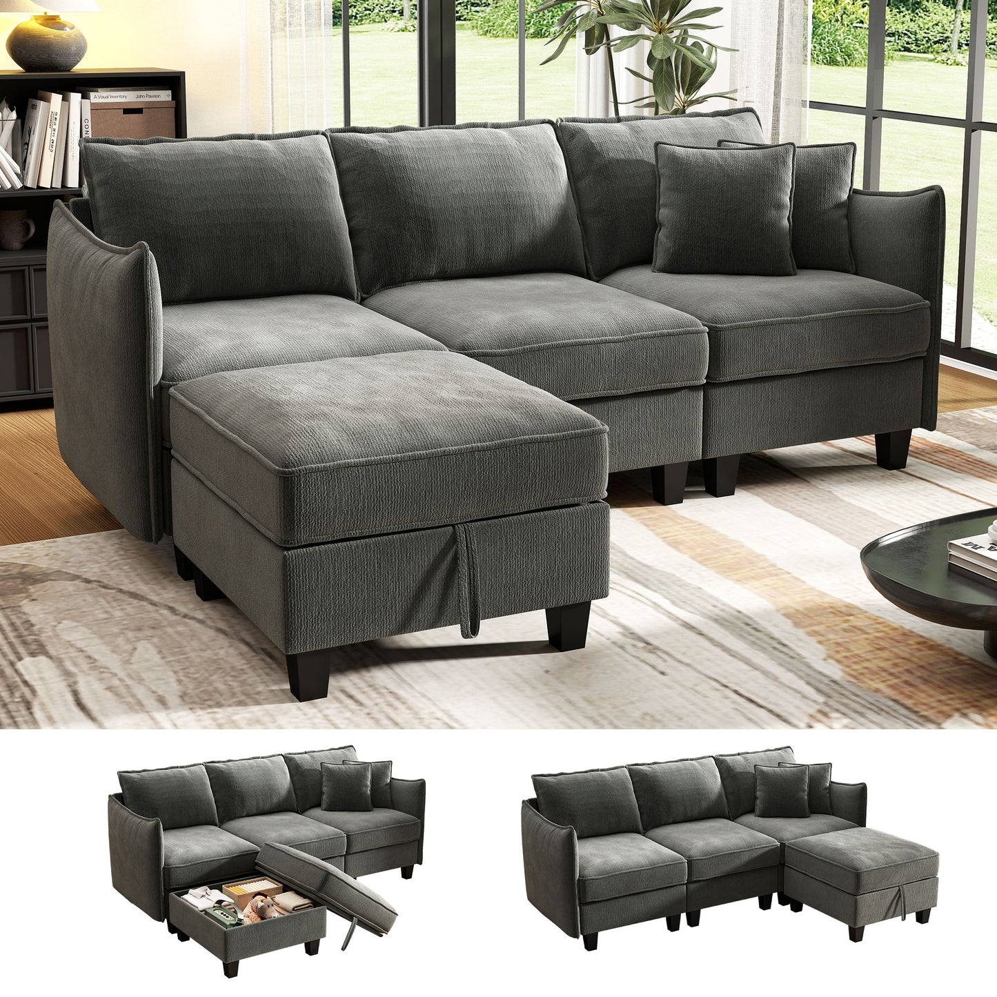 BedLuxury 84” Modular Sectional Sofa with Moveable Storage Ottoman, Cloud Couch Seats 4, Modern Living Room Furniture, Chenille Black