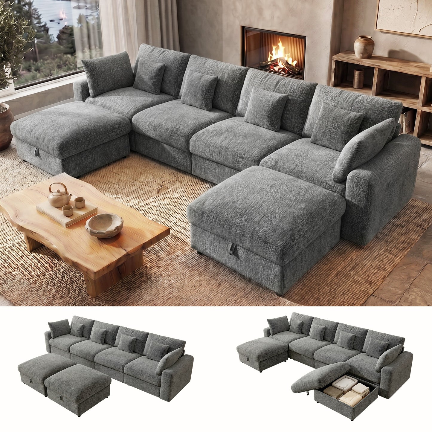 BedLuxury Large Modular Sectional Sofa with Removable Storage Ottoman, Extra Deep Seat Cloud Couch for Living Room, Chenille