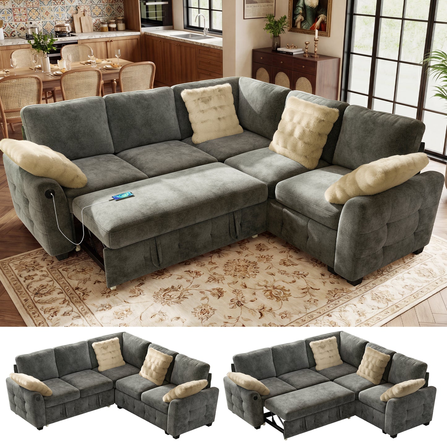 BedLuxury Modular Sectional Sleeper Sofa with Pull Out Bed, USB Charging, Couch for Living Room, Chenille