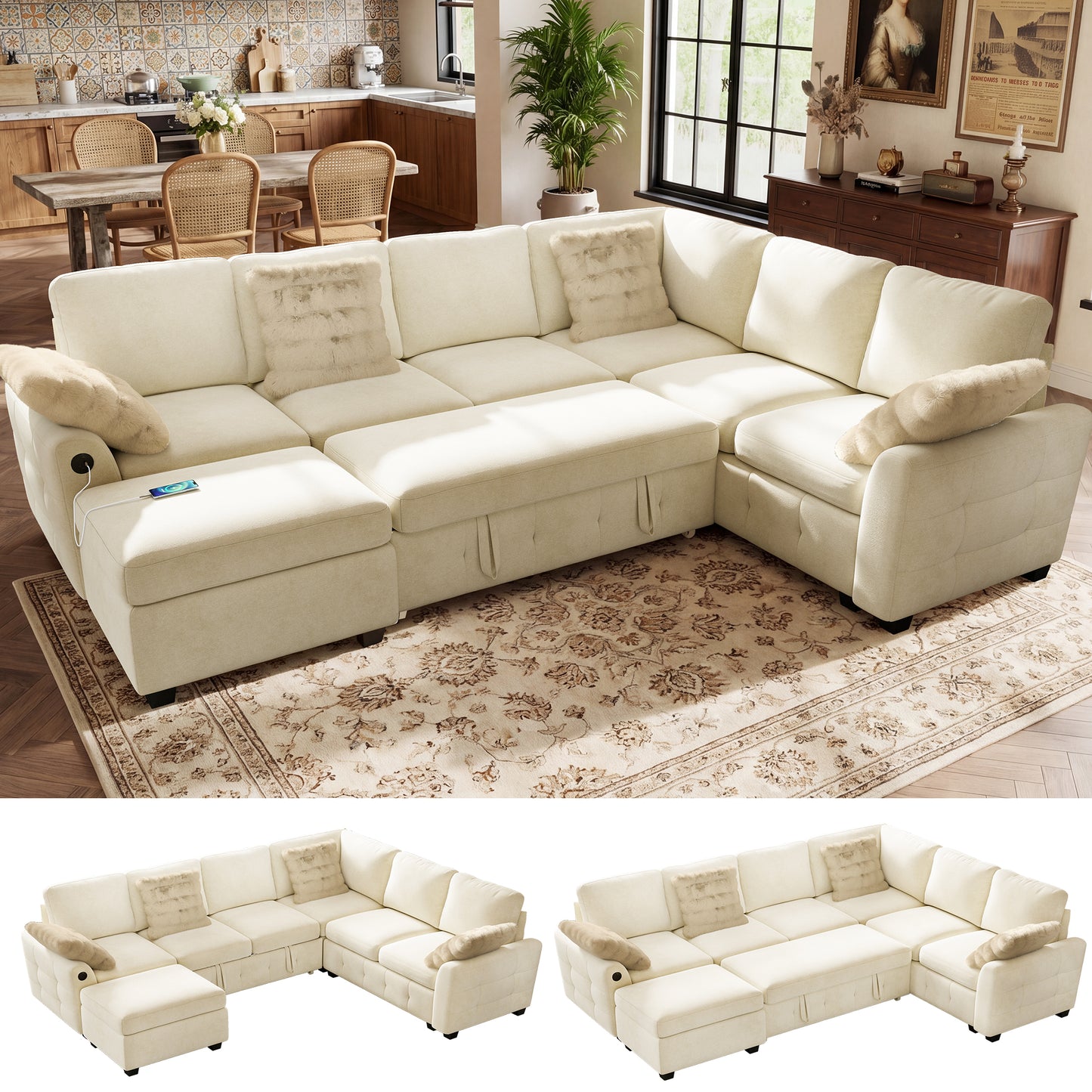 BedLuxury Modular Sectional Sleeper Sofa with Pull Out Bed, USB Charging, Couch for Living Room, Chenille