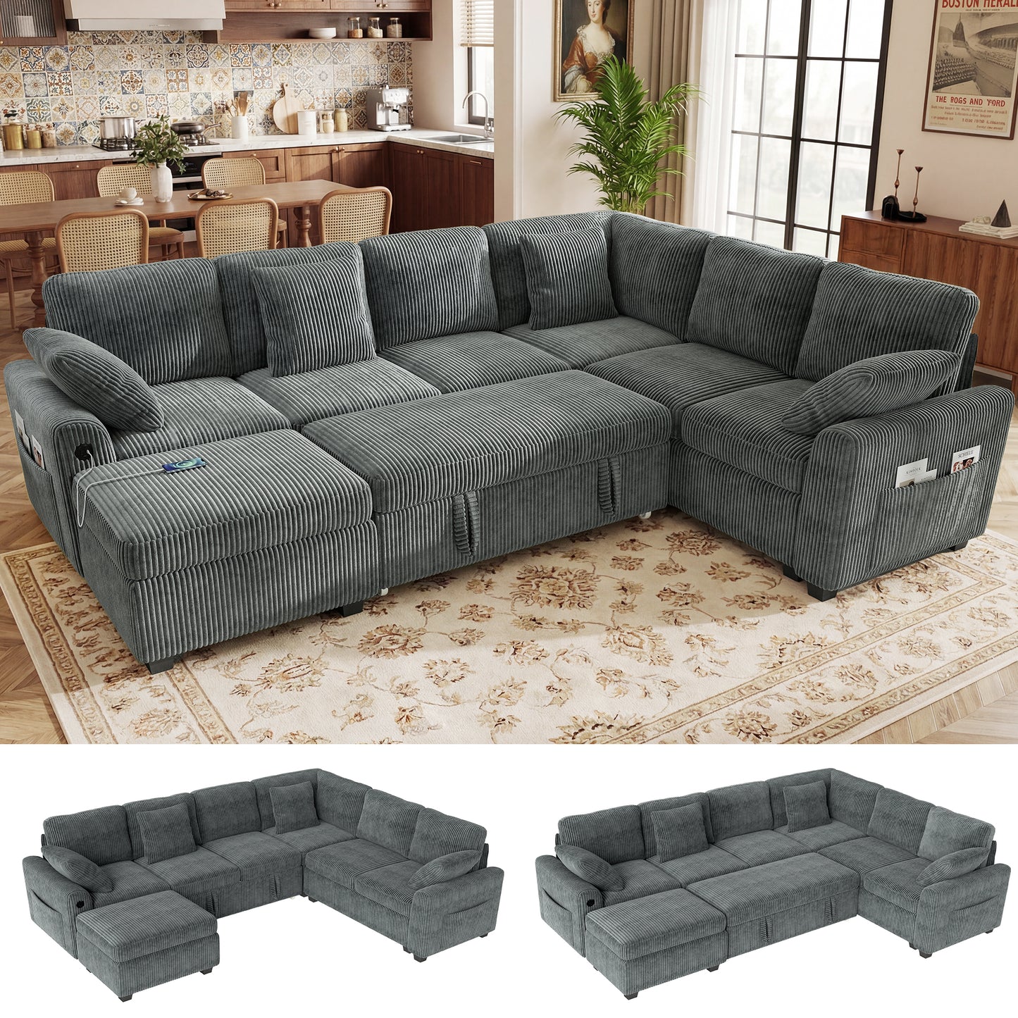 BedLuxury Modular Sectional Sleeper Sofa with Pull Out Bed, USB Charging, Couch for Living Room, Chenille