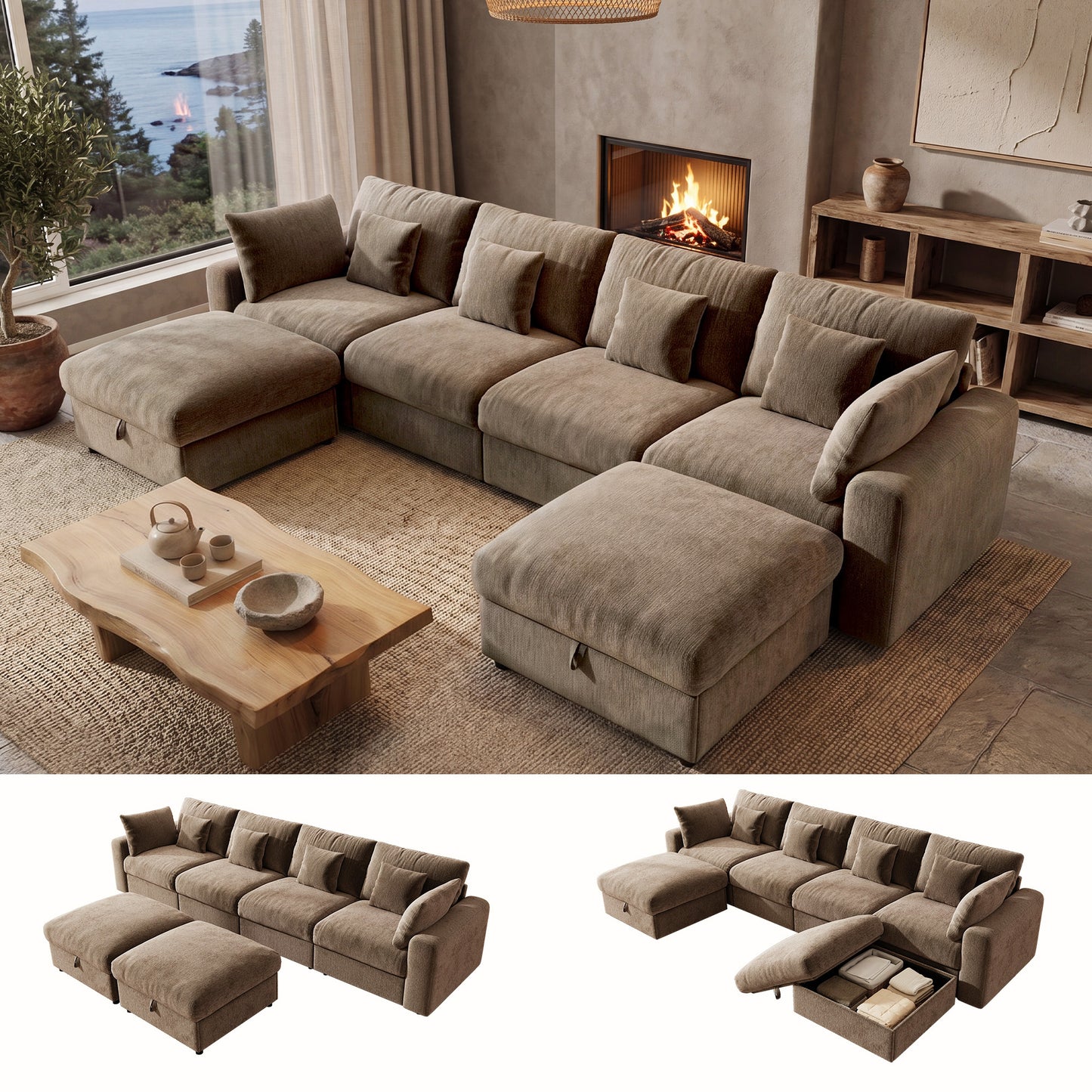 BedLuxury Large Modular Sectional Sofa with Removable Storage Ottoman, Extra Deep Seat Cloud Couch for Living Room, Chenille
