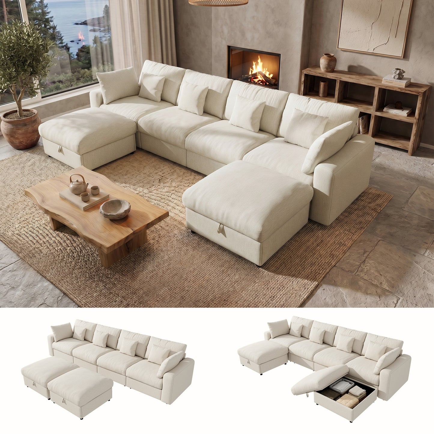 BedLuxury Large Modular Sectional Sofa with Removable Storage Ottoman, Extra Deep Seat Cloud Couch for Living Room, Chenille