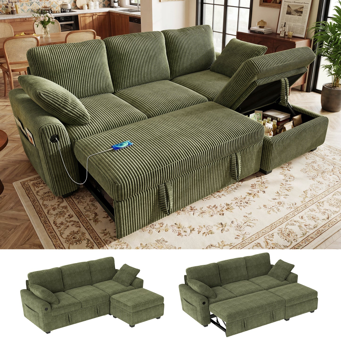 BedLuxury Modular Sectional Sleeper Sofa with Pull Out Bed, USB Charging, Couch for Living Room, Chenille