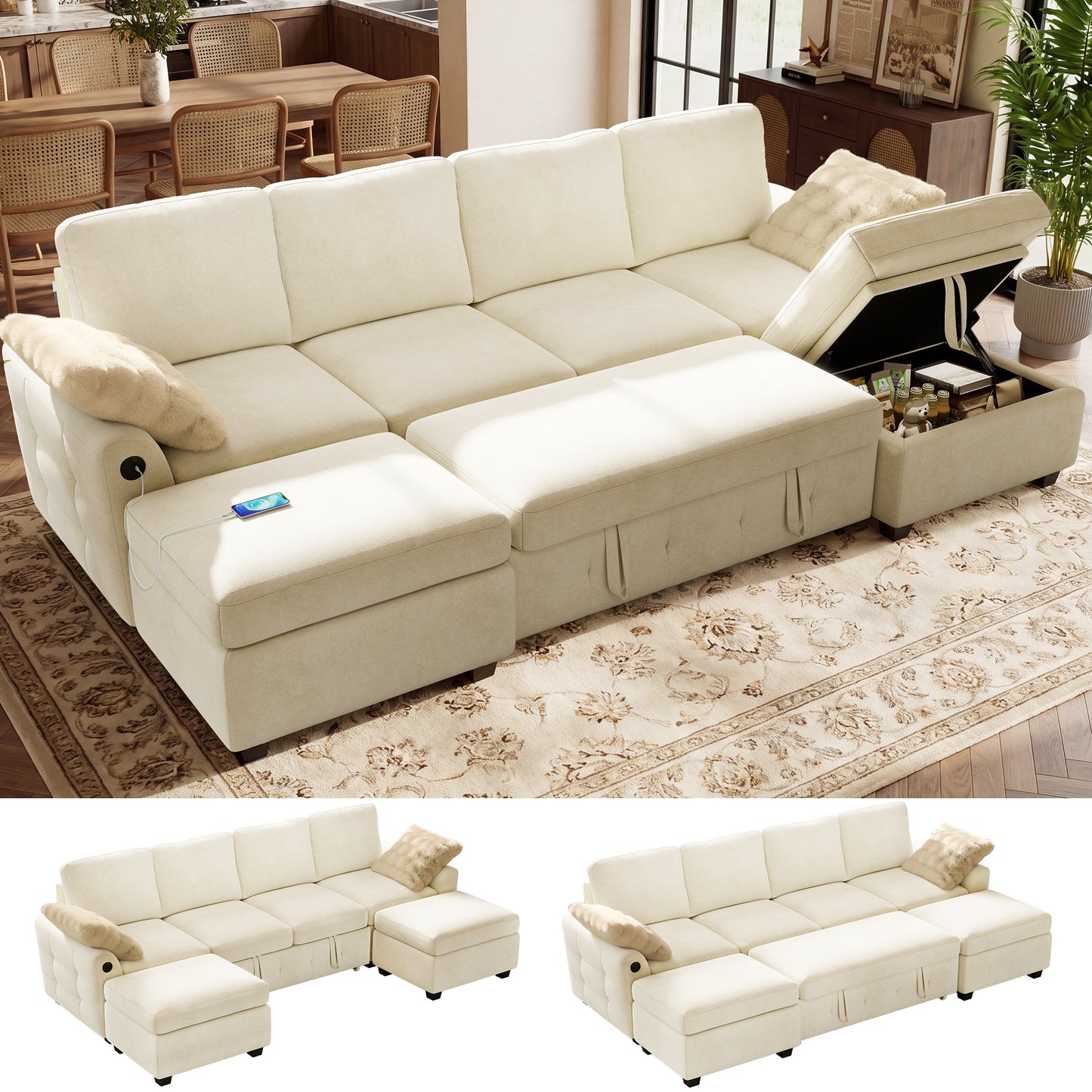 BedLuxury Modular Sectional Sleeper Sofa with Pull Out Bed, USB Charging, Couch for Living Room, Chenille