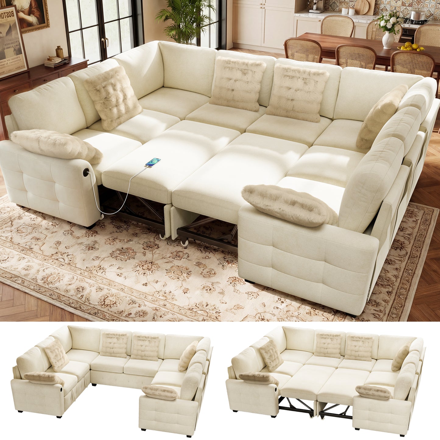 BedLuxury Modular Sectional Sleeper Sofa with Pull Out Bed, USB Charging, Couch for Living Room, Chenille
