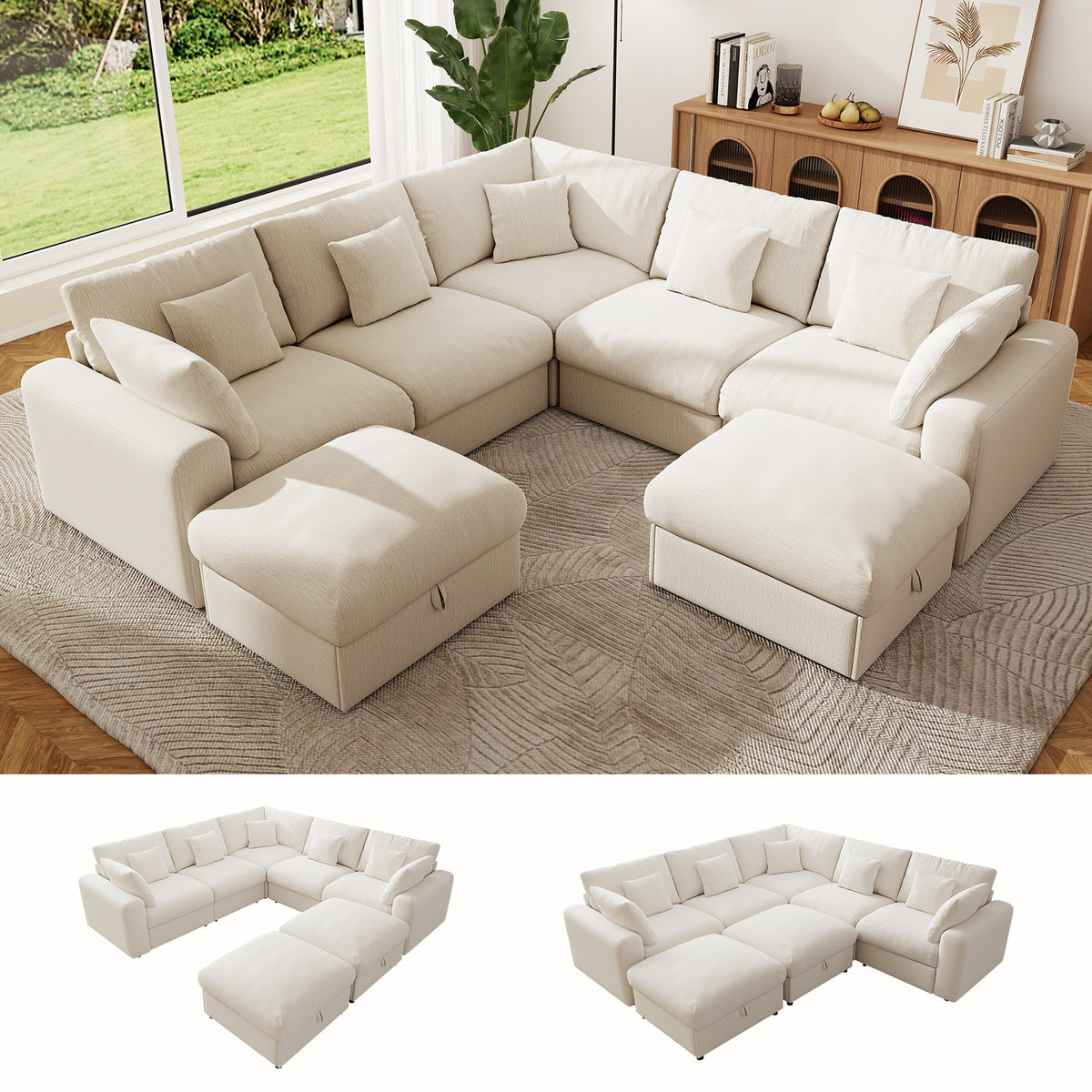 BedLuxury Large Modular Sectional Cloud Sofa with Removable Storage Ottoman, Extra Deep Seat Couch, Living Room Furniture