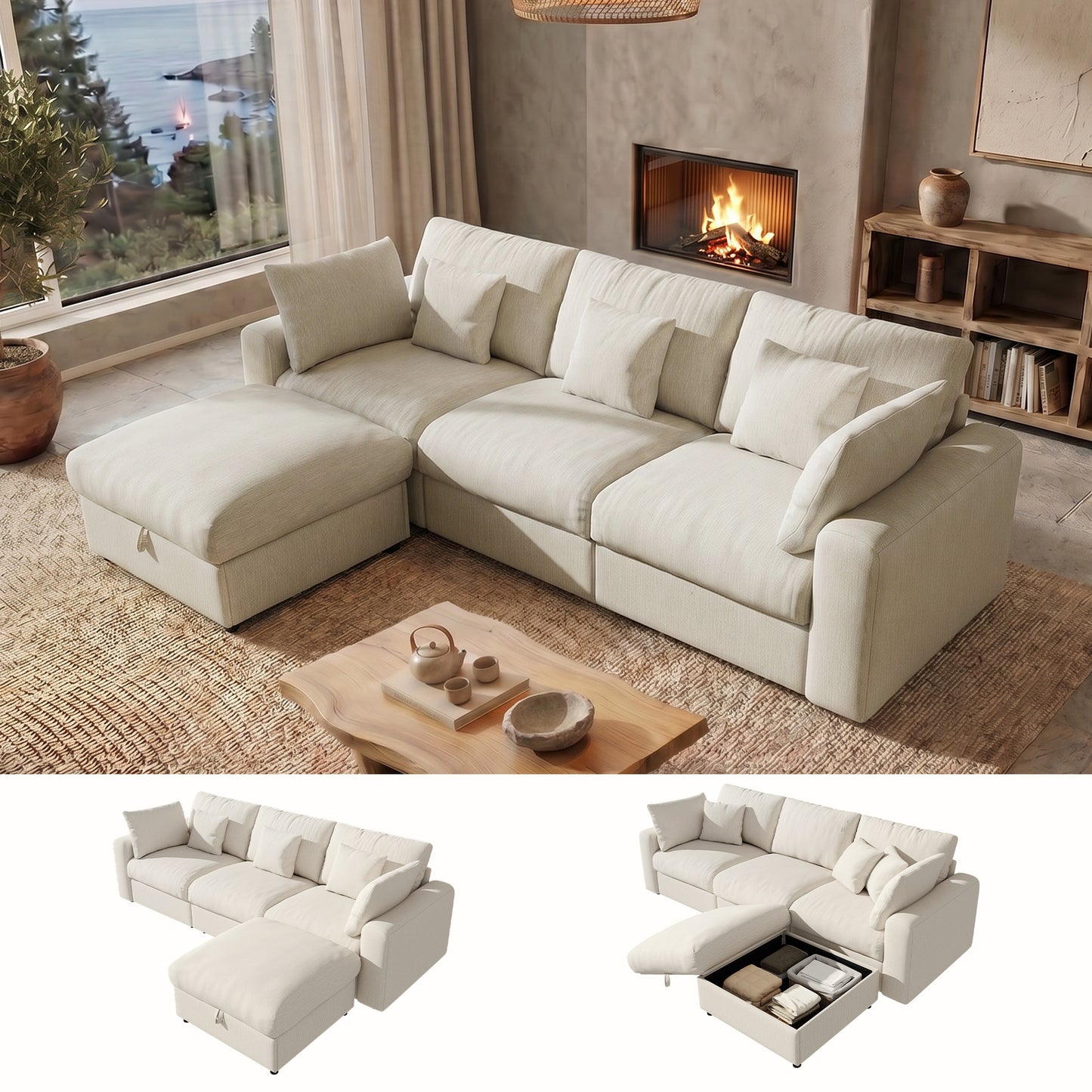 BedLuxury Large Modular Sectional Sofa with Removable Storage Ottoman, Extra Deep Seat Cloud Couch for Living Room, Chenille
